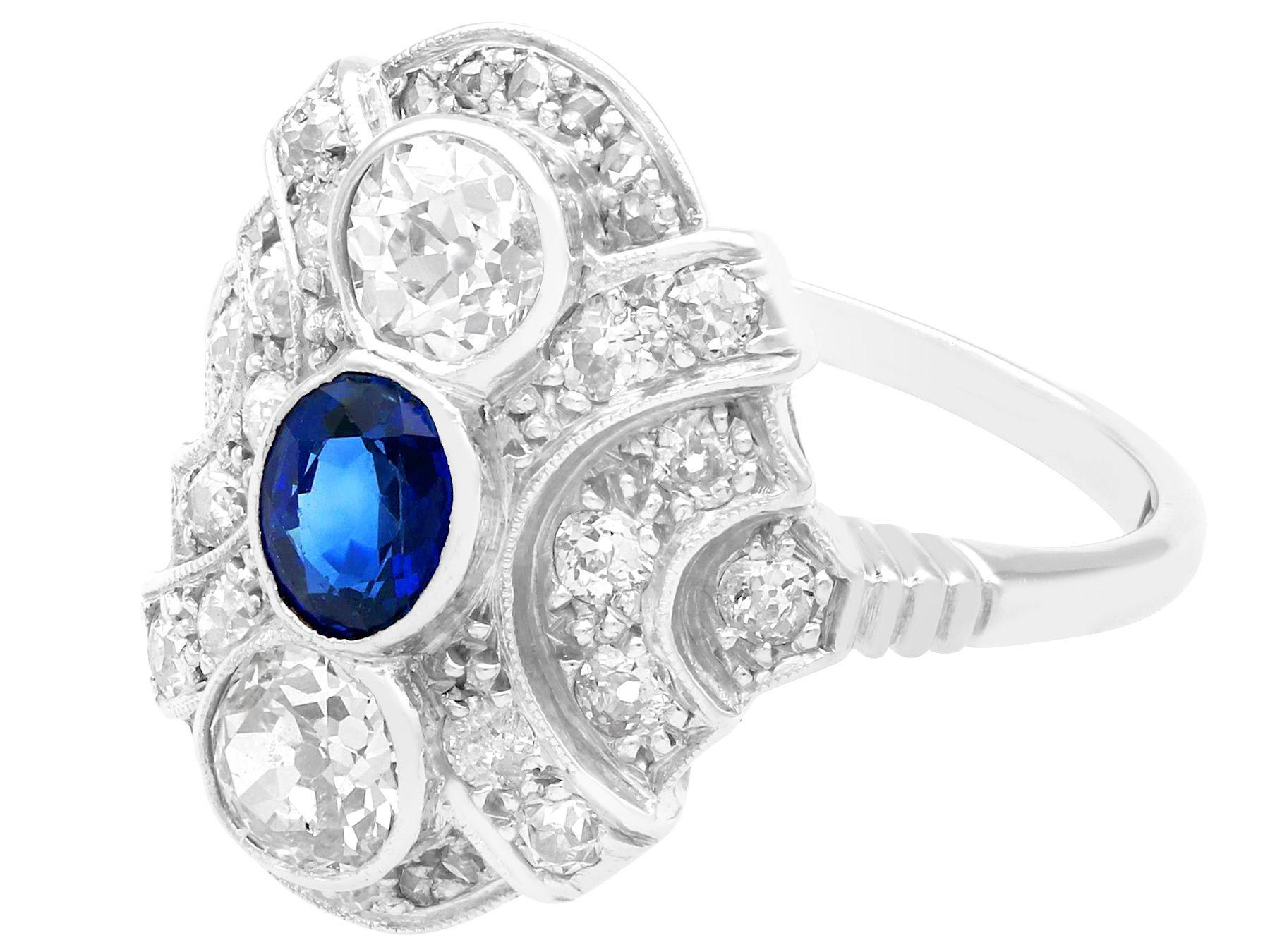 Oval Cut Antique Sapphire and 1.64 Carat Diamond White Gold Cocktail Ring, circa 1935 For Sale