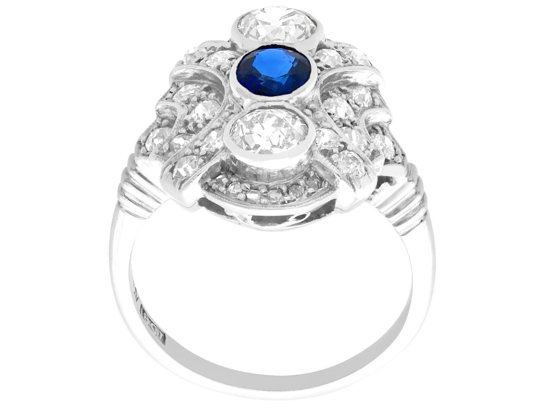 Women's or Men's Antique Sapphire and 1.64 Carat Diamond White Gold Cocktail Ring, circa 1935 For Sale