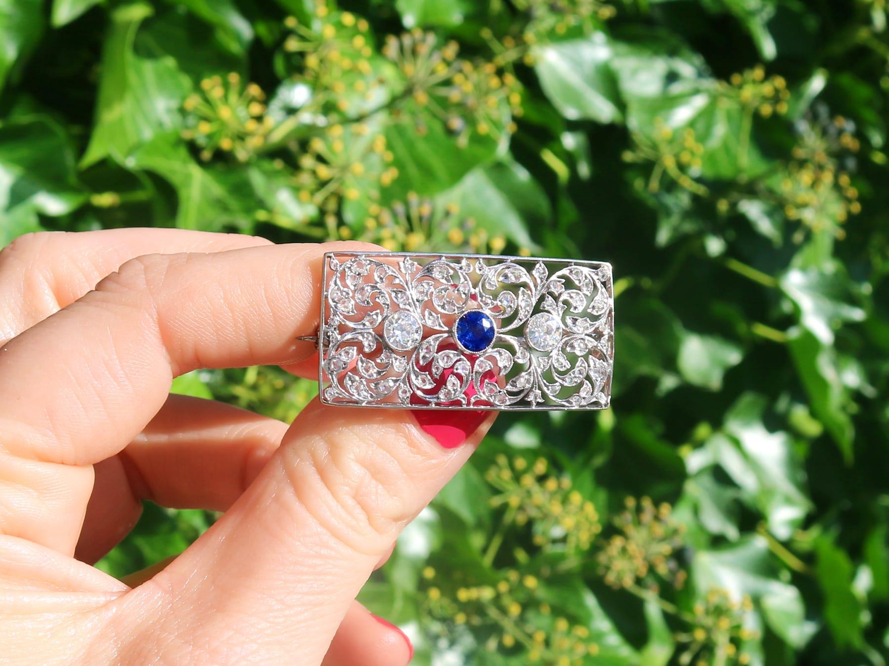 A stunning, fine and impressive antique 0.75 carat sapphire and 1.74 carat diamond, 18 karat white gold brooch; part of our diverse collection of antique brooches

This stunning, fine and impressive antique brooch has been crafted in 18k white