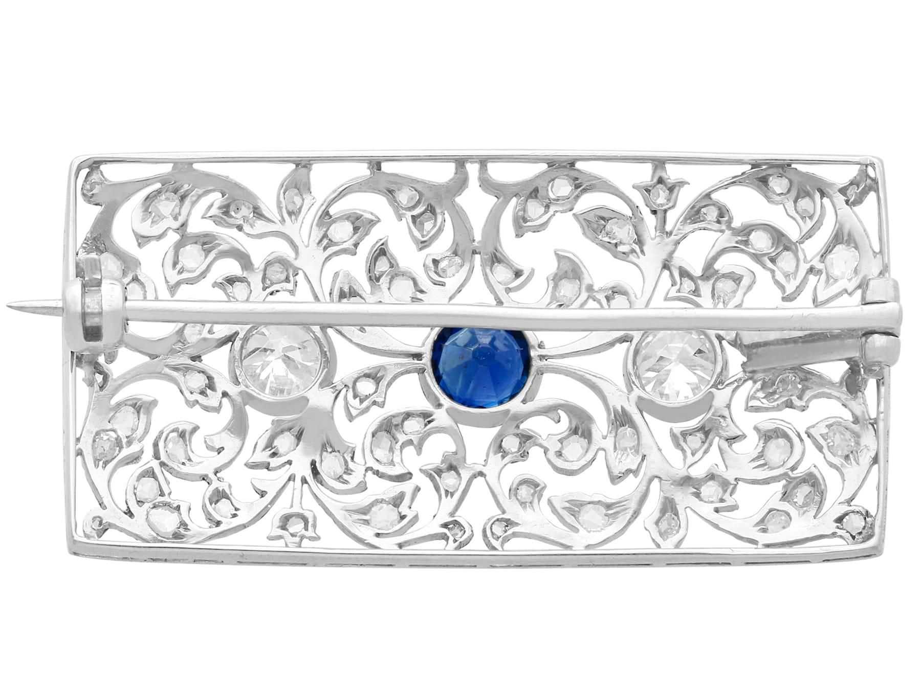 Women's or Men's Antique Sapphire and 1.74ct Diamond White Gold Brooch Circa 1920 For Sale