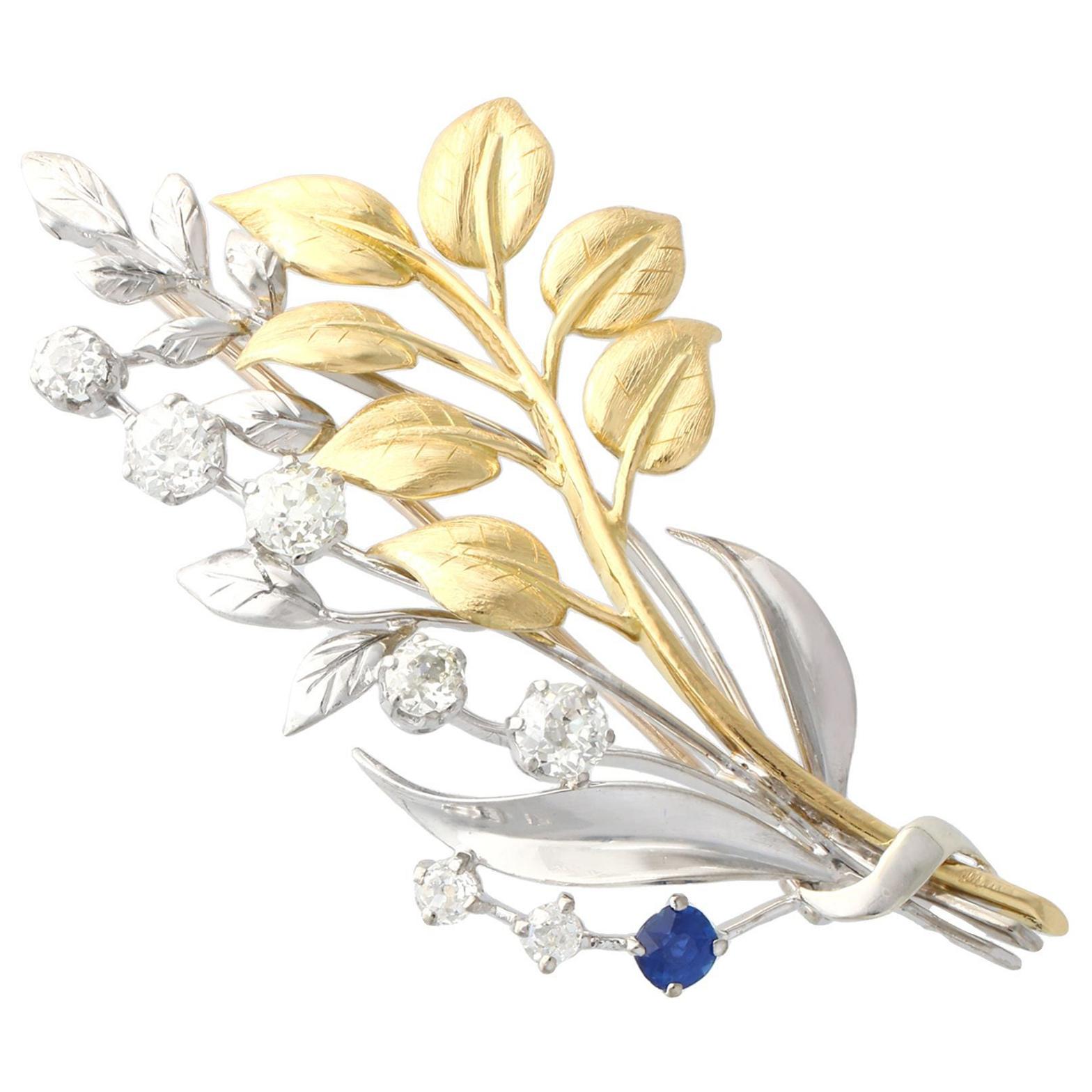 Antique Sapphire and 1.82 Carat Diamond Yellow and White Gold Spray Brooch