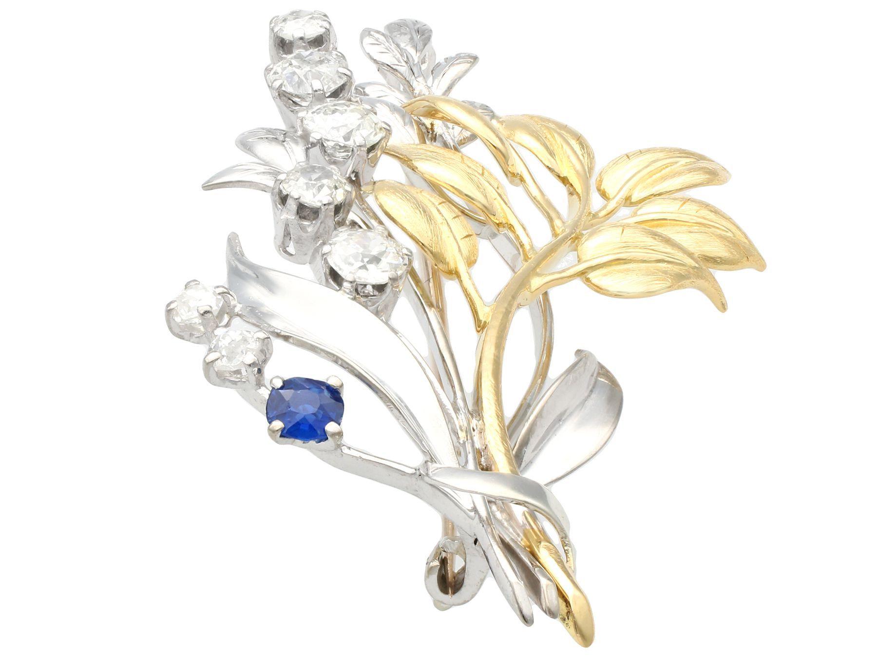 Old European Cut Antique Sapphire and 1.82 Carat Diamond Yellow and White Gold Spray Brooch