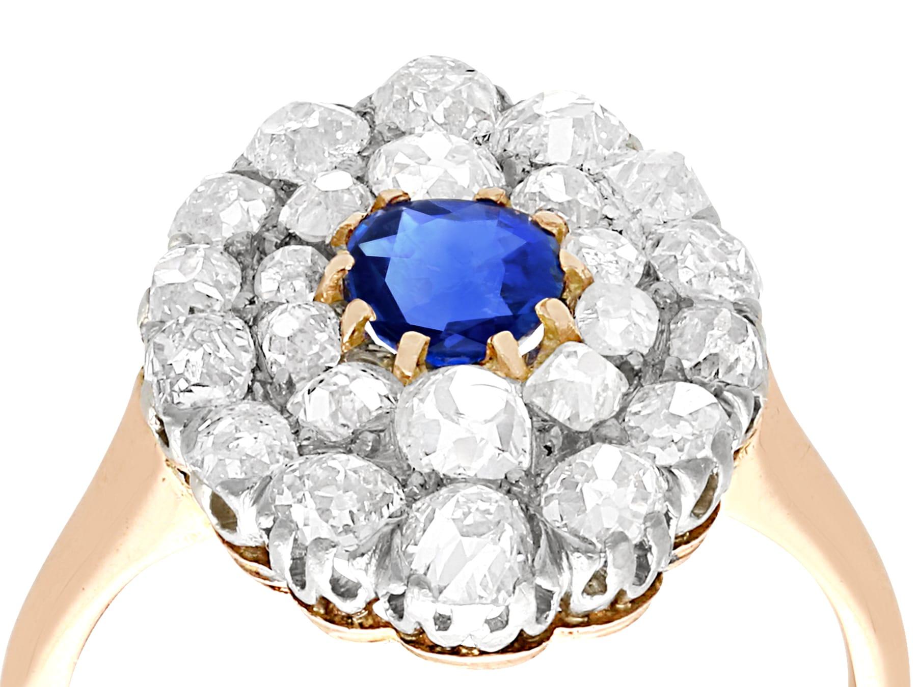 A stunning, fine and impressive antique 0.45 carat blue sapphire and 2.76 carat diamond, 18 karat rose gold and platinum set cluster ring; part our antique jewelry and estate jewelry collections.

This stunning antique blue sapphire ring has been