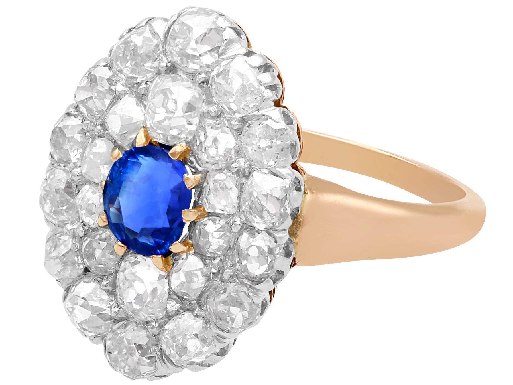 Round Cut Antique Sapphire and 2.76 Carat Diamond Rose Gold Cluster Ring For Sale