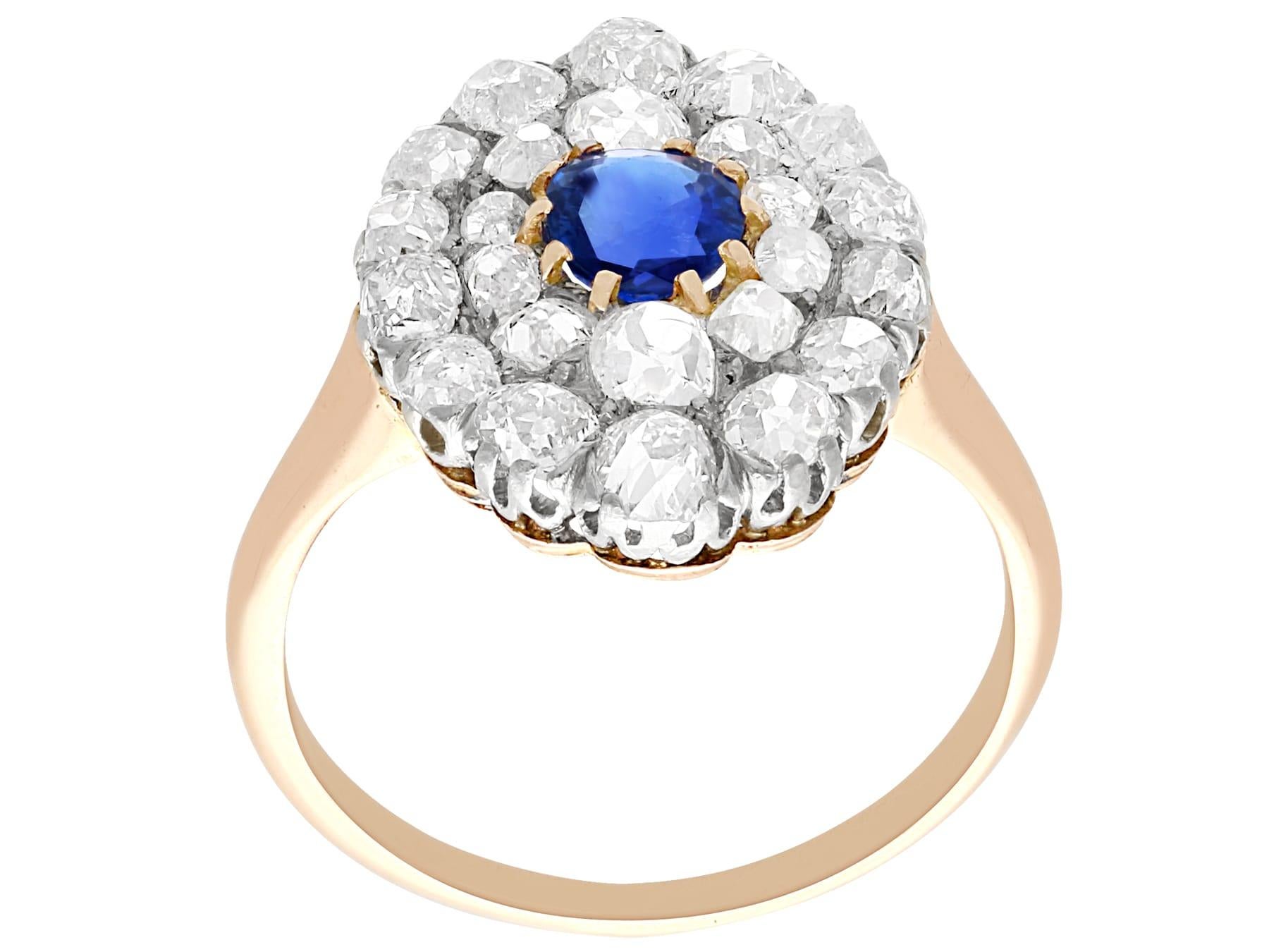 Women's or Men's Antique Sapphire and 2.76 Carat Diamond Rose Gold Cluster Ring For Sale