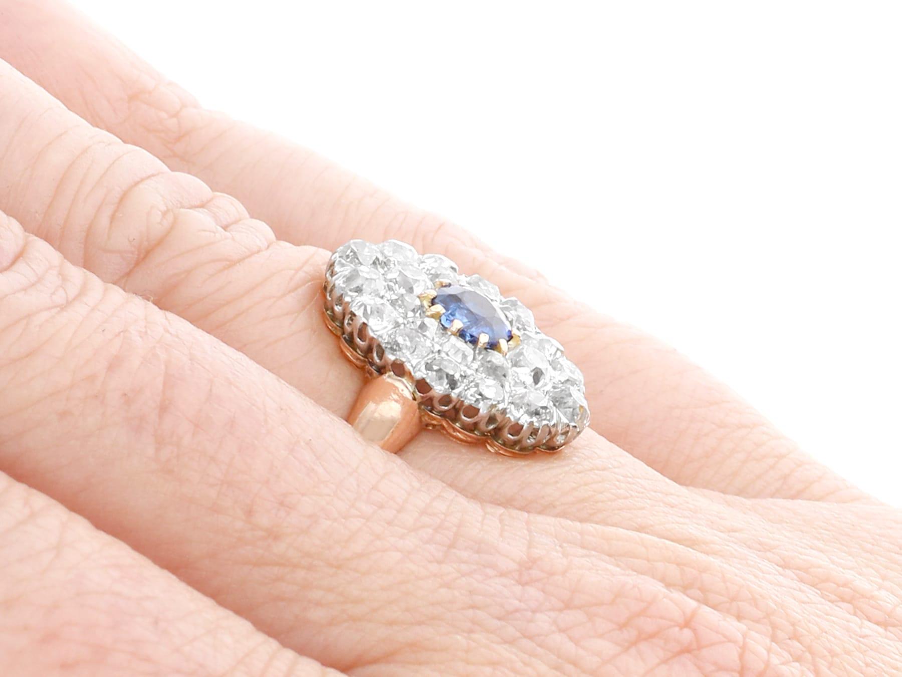 Antique Sapphire and 2.76 Carat Diamond Rose Gold Cluster Ring For Sale 2