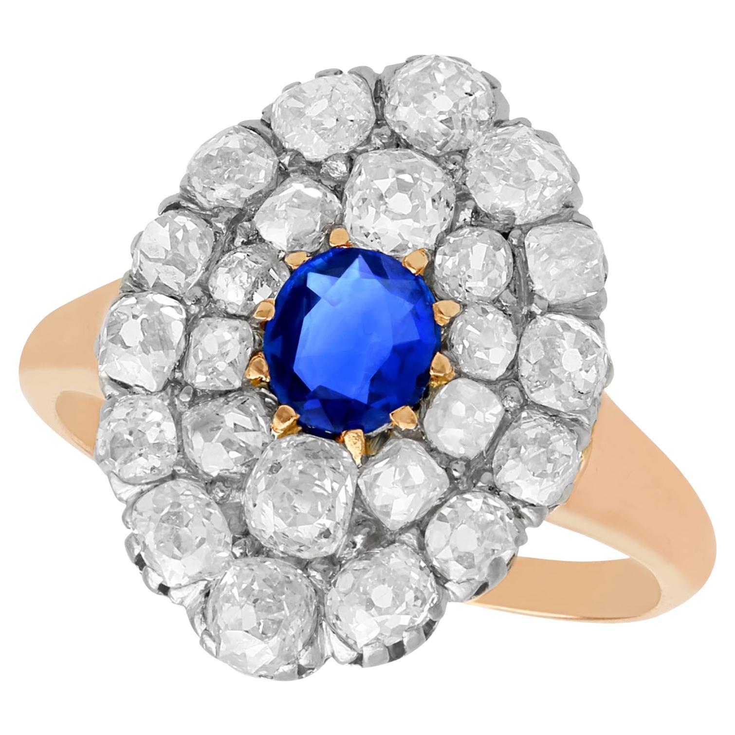 Antique Sapphire and 2.76 Carat Diamond Rose Gold Cluster Ring For Sale