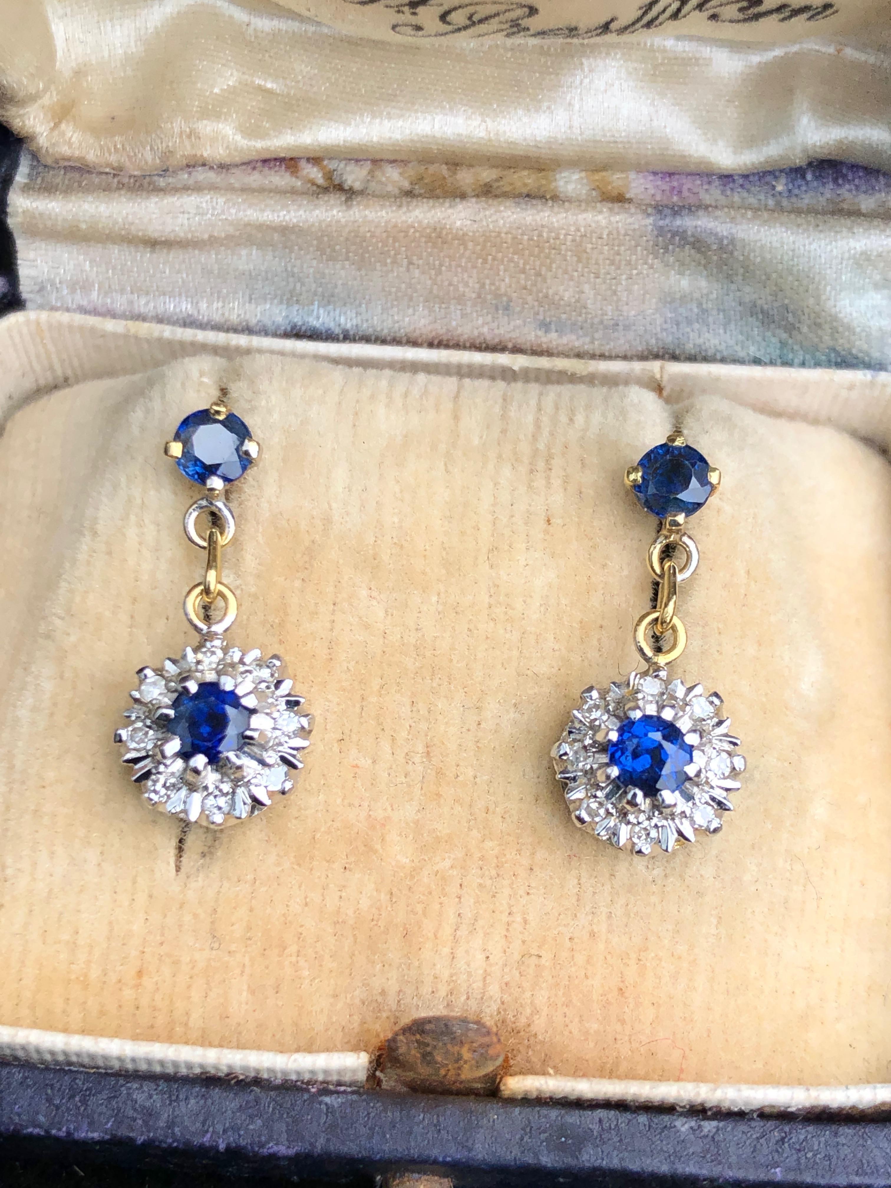 Edwardian Antique Sapphire and Diamond 18 Carat Gold Cluster Drop Earrings