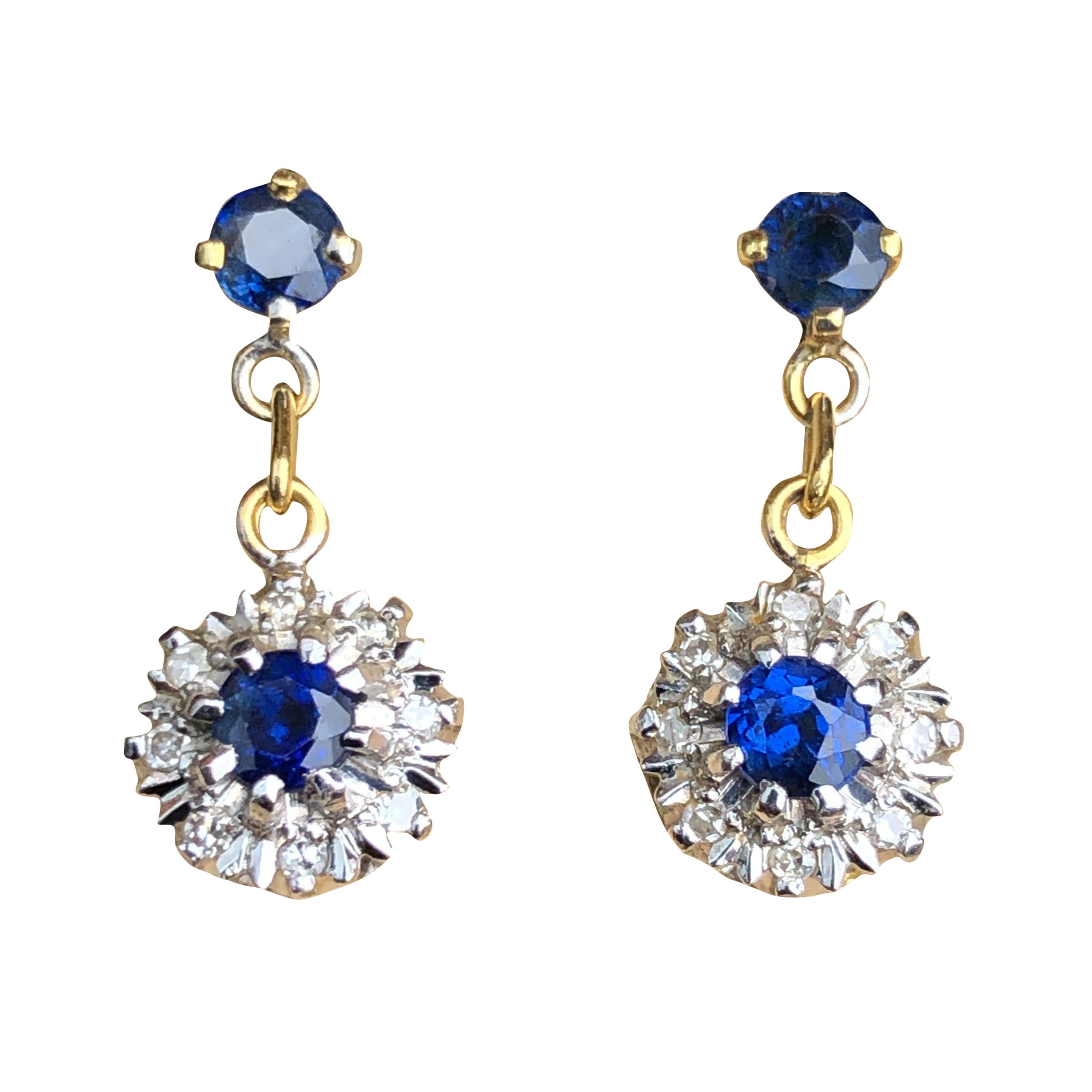 Antique Sapphire and Diamond 18 Carat Gold Cluster Drop Earrings