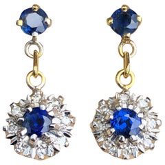 Antique Sapphire and Diamond 18 Carat Gold Cluster Drop Earrings