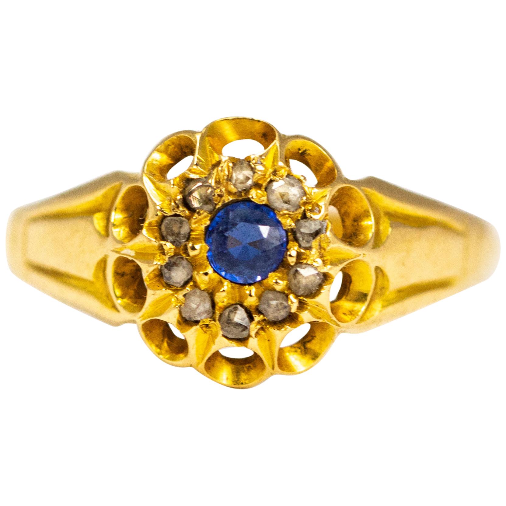 Antique Sapphire and Diamond 18 Carat Gold Cluster Ring