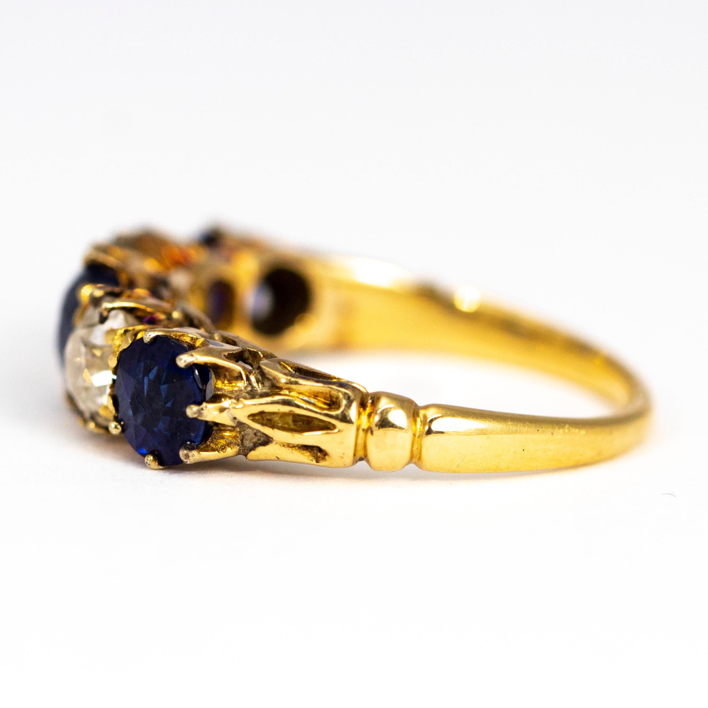 Edwardian Antique Sapphire and Diamond 18 Carat Gold Five-Stone Ring