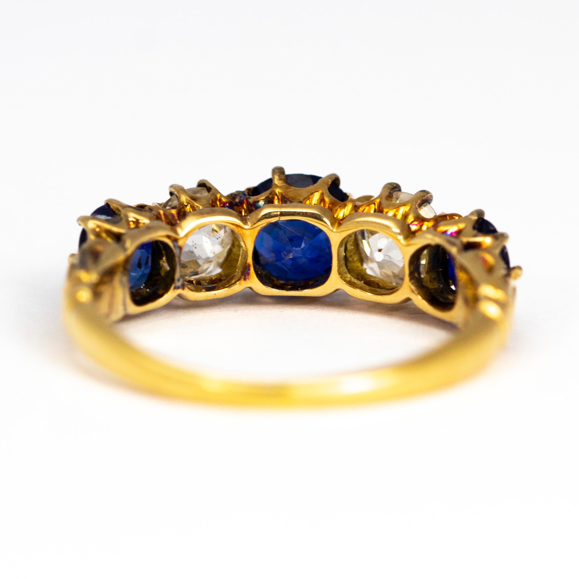Antique Sapphire and Diamond 18 Carat Gold Five-Stone Ring In Good Condition In Chipping Campden, GB