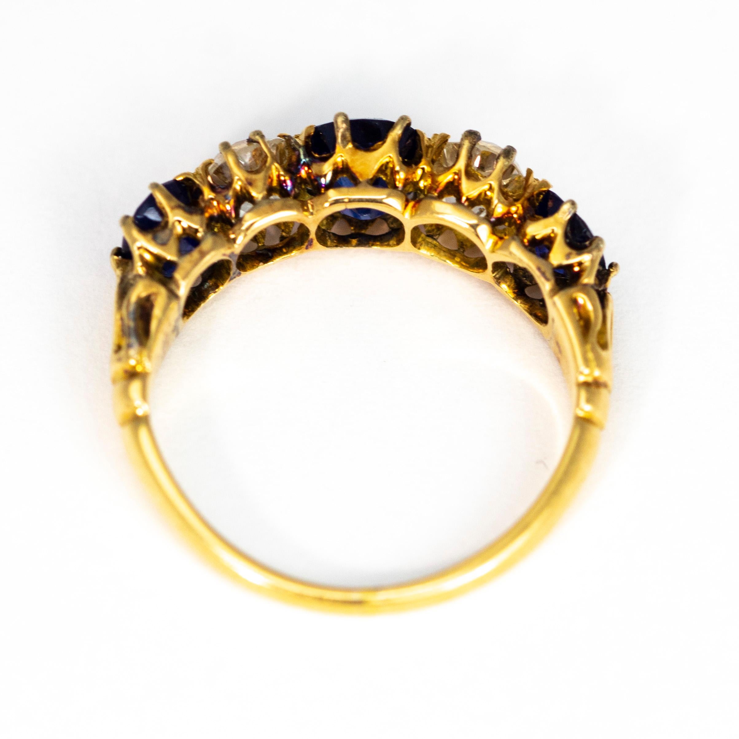 Women's Antique Sapphire and Diamond 18 Carat Gold Five-Stone Ring