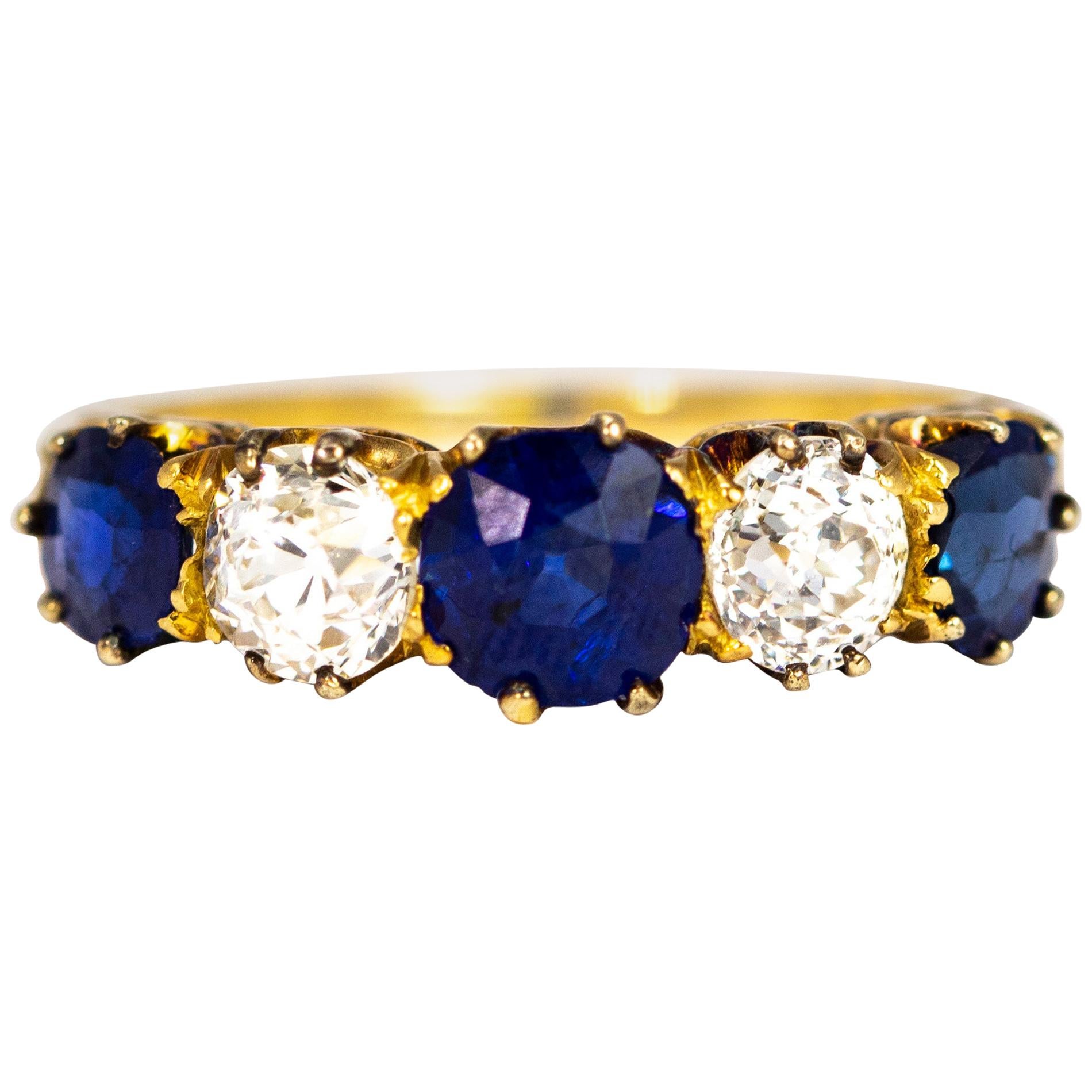 Antique Sapphire and Diamond 18 Carat Gold Five-Stone Ring