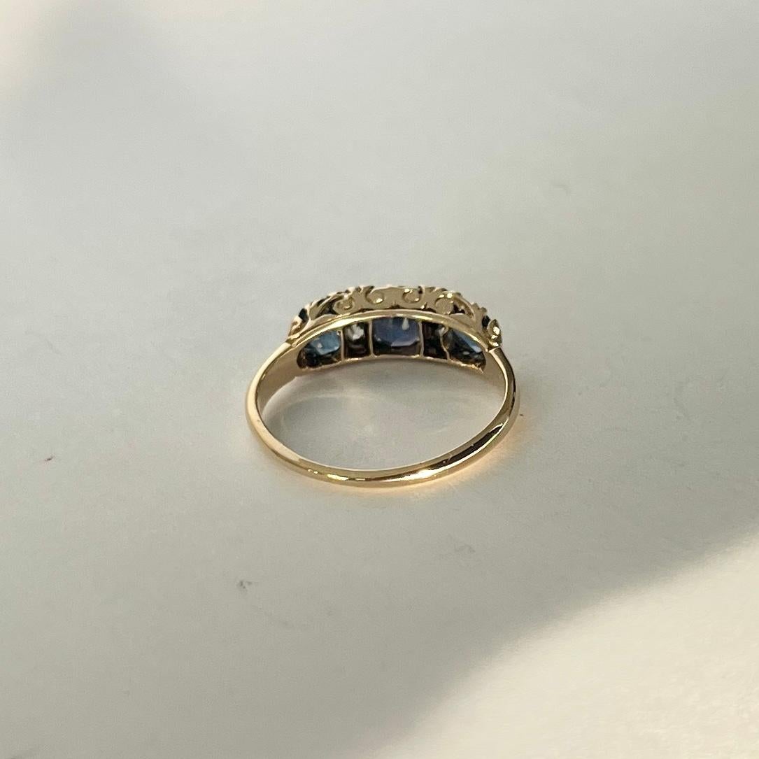 Women's Antique Sapphire and Diamond 18 Carat Gold Three Stone Ring For Sale