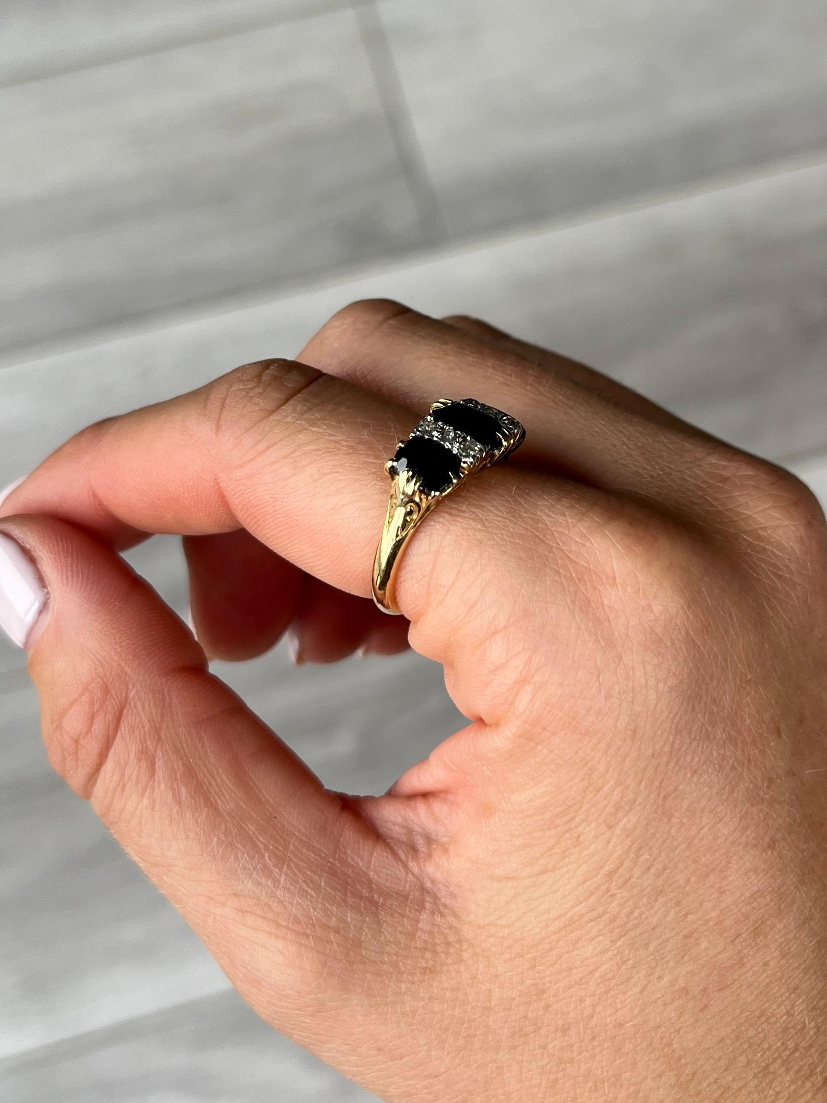 Antique Sapphire and Diamond 18 Carat Gold Three Stone Ring In Fair Condition For Sale In Chipping Campden, GB