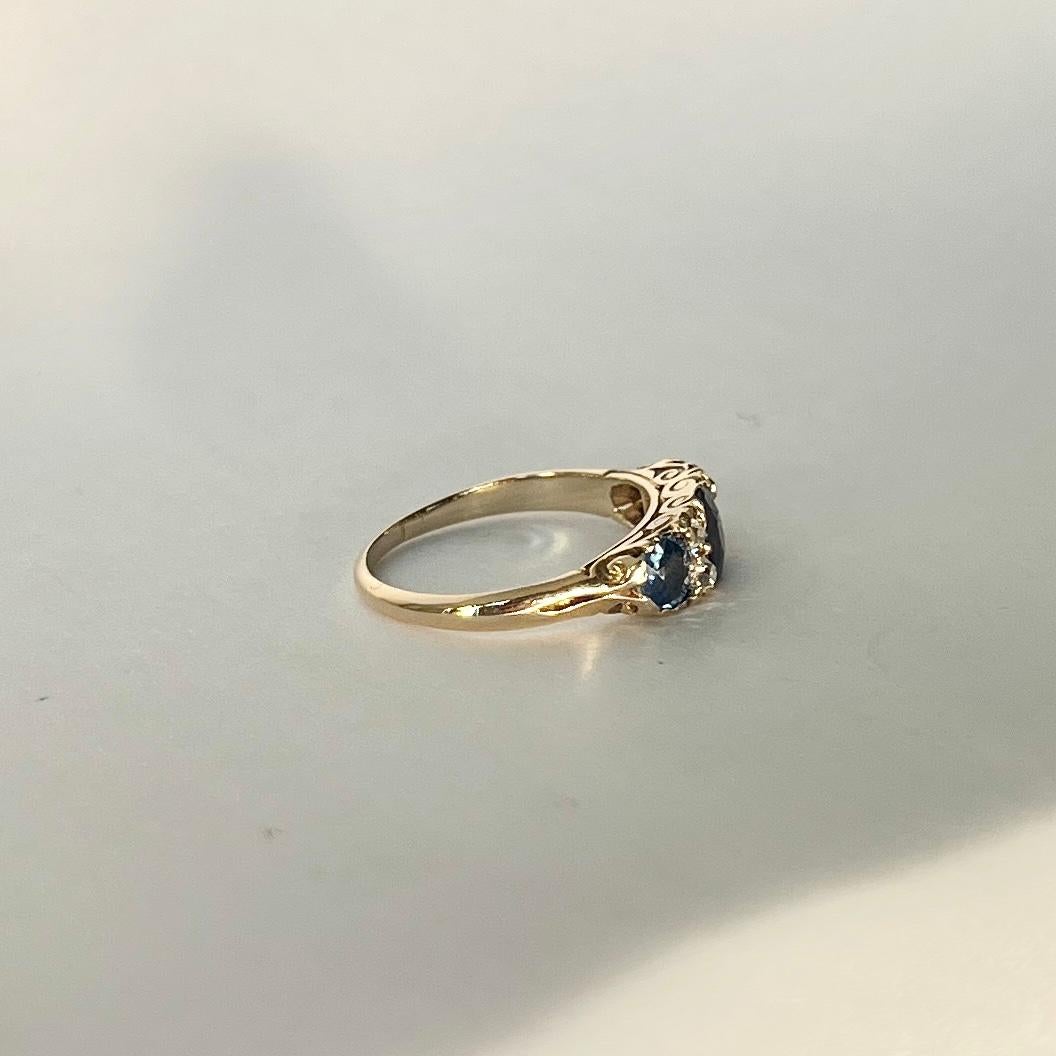 Antique Sapphire and Diamond 18 Carat Gold Three Stone Ring For Sale 1