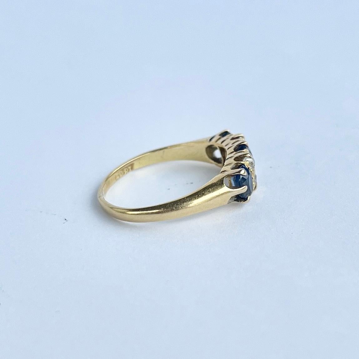 Women's Antique Sapphire and Diamond 18 Carat Gold Three Stone Ring For Sale