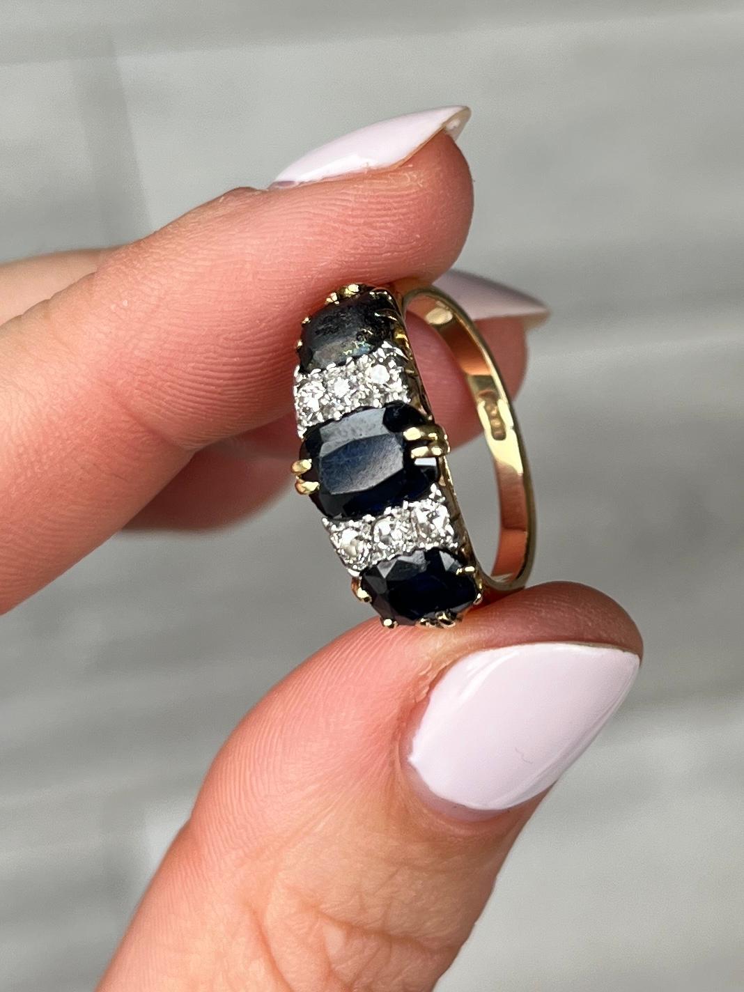 Women's Antique Sapphire and Diamond 18 Carat Gold Three Stone Ring For Sale