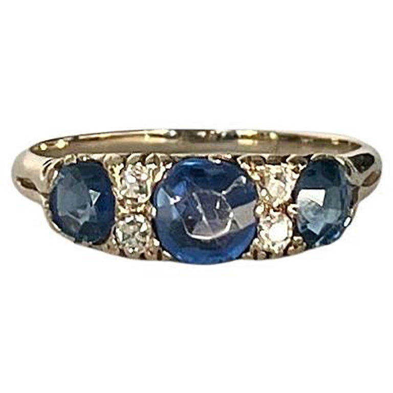 Antique Sapphire and Diamond 18 Carat Gold Three Stone Ring