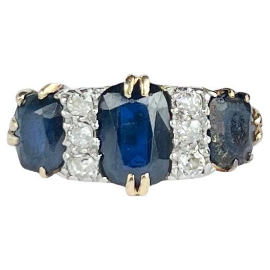 Antique Sapphire and Diamond 18 Carat Gold Three Stone Ring