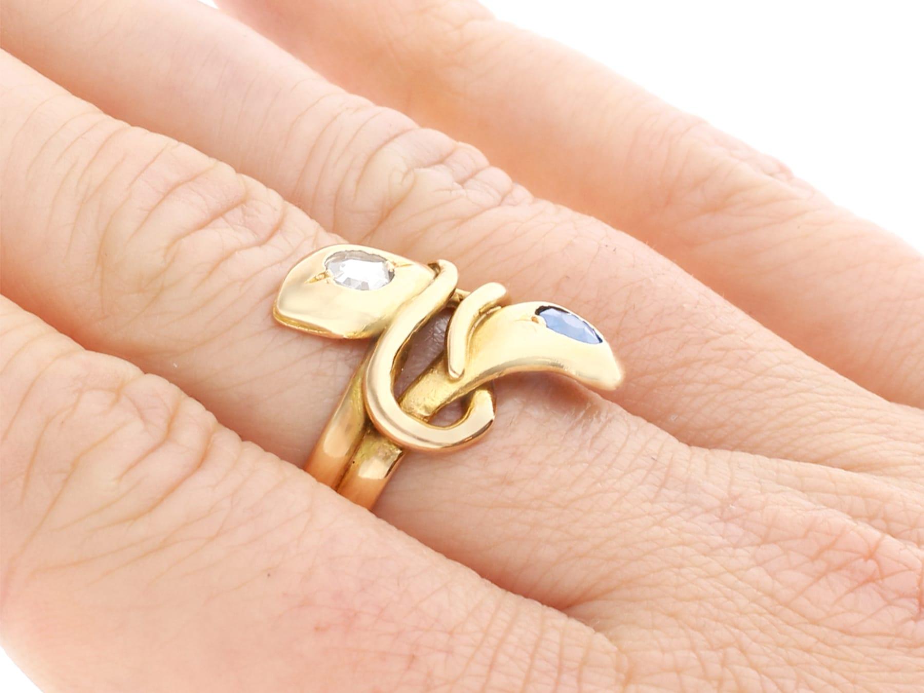 Antique Sapphire and Diamond 18 Karat Yellow Gold Snake Ring, circa 1907 For Sale 4