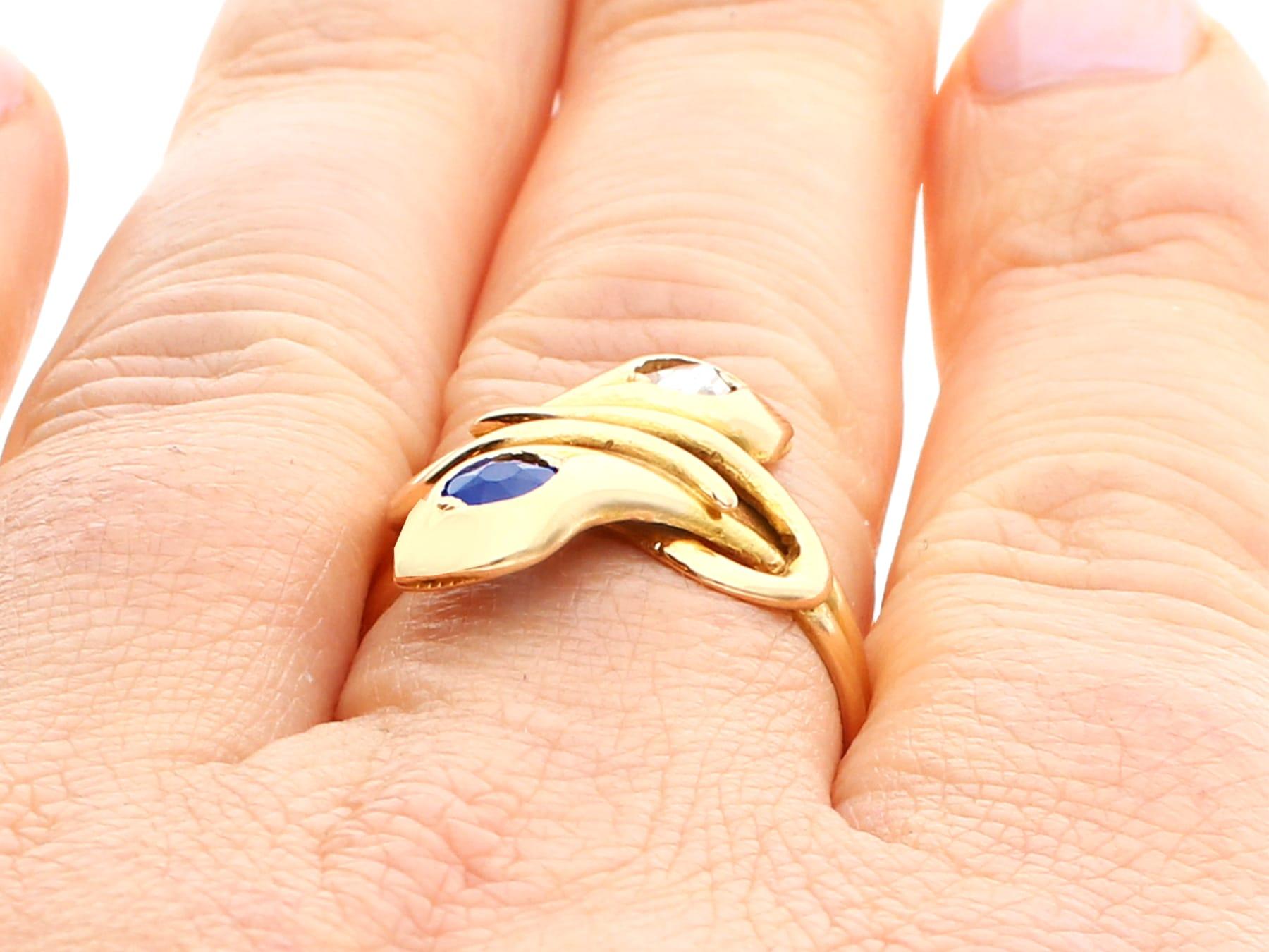 Antique Sapphire and Diamond 18 Karat Yellow Gold Snake Ring, circa 1907 For Sale 5