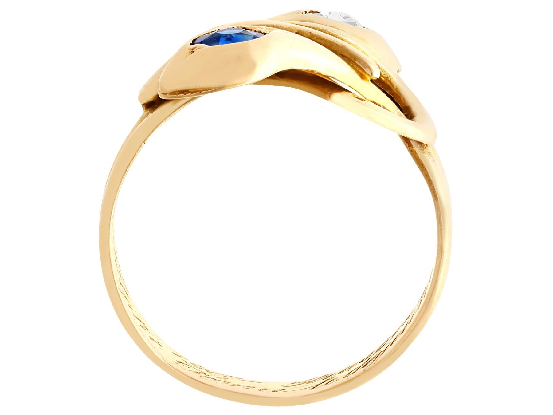 Round Cut Antique Sapphire and Diamond 18 Karat Yellow Gold Snake Ring, circa 1907 For Sale