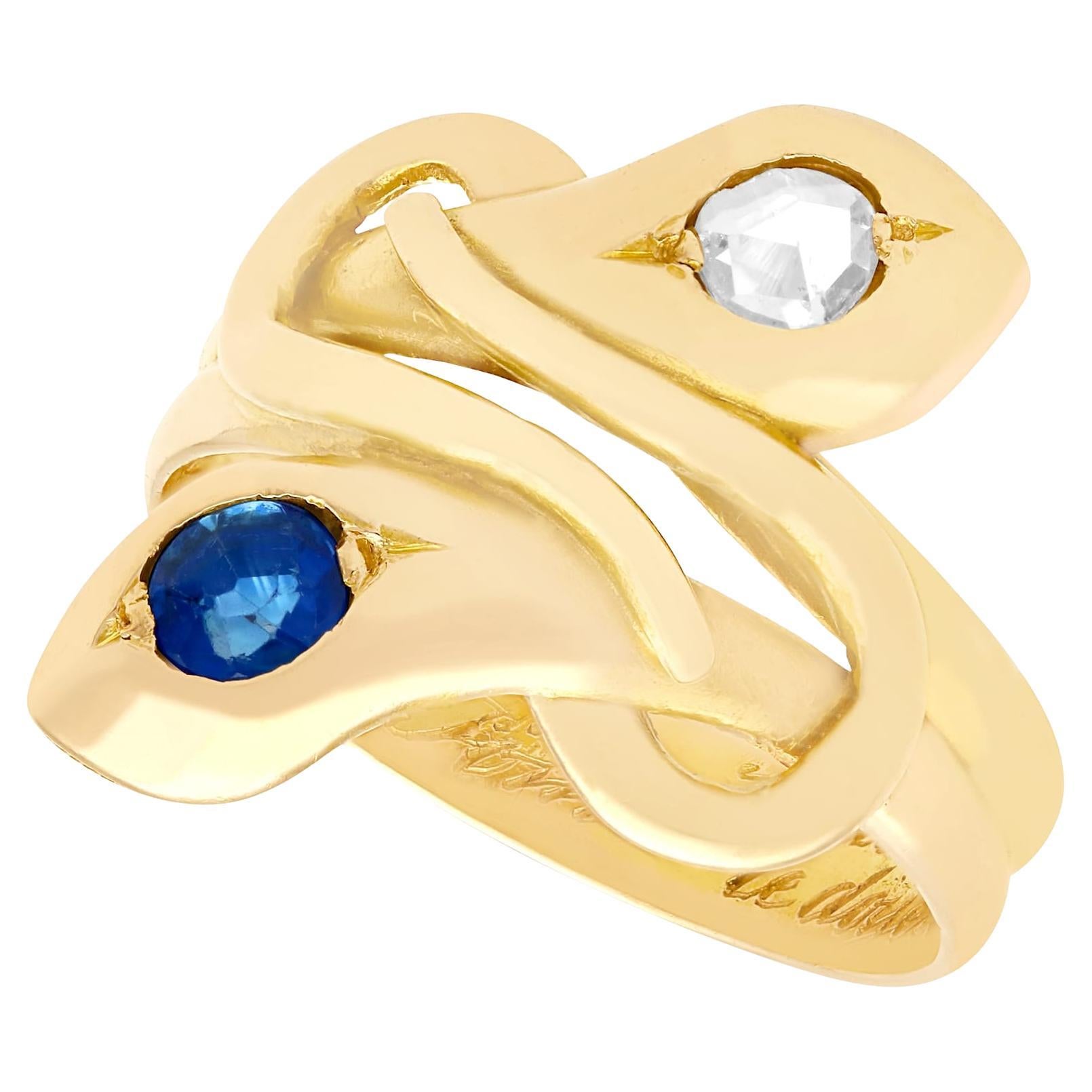 Antique Sapphire and Diamond 18 Karat Yellow Gold Snake Ring, circa 1907 For Sale