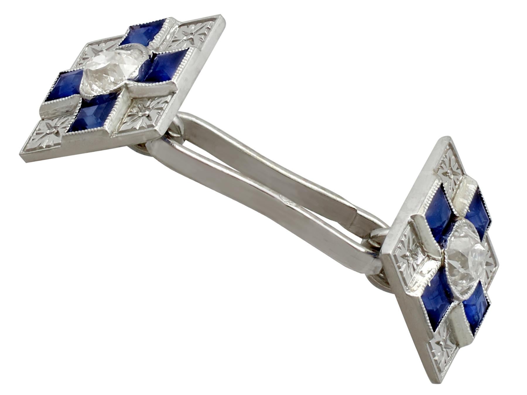 An impressive pair of antique French 0.80 carat sapphire and 1.05 carat diamond, 18 carat white gold cufflinks; part of our diverse antique jewelry collections.

These fine and impressive antique sapphire and diamond cufflinks have been crafted in