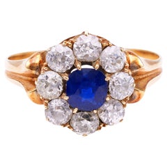 Antique Sapphire and Diamond 18k Yellow Gold Cluster Ring