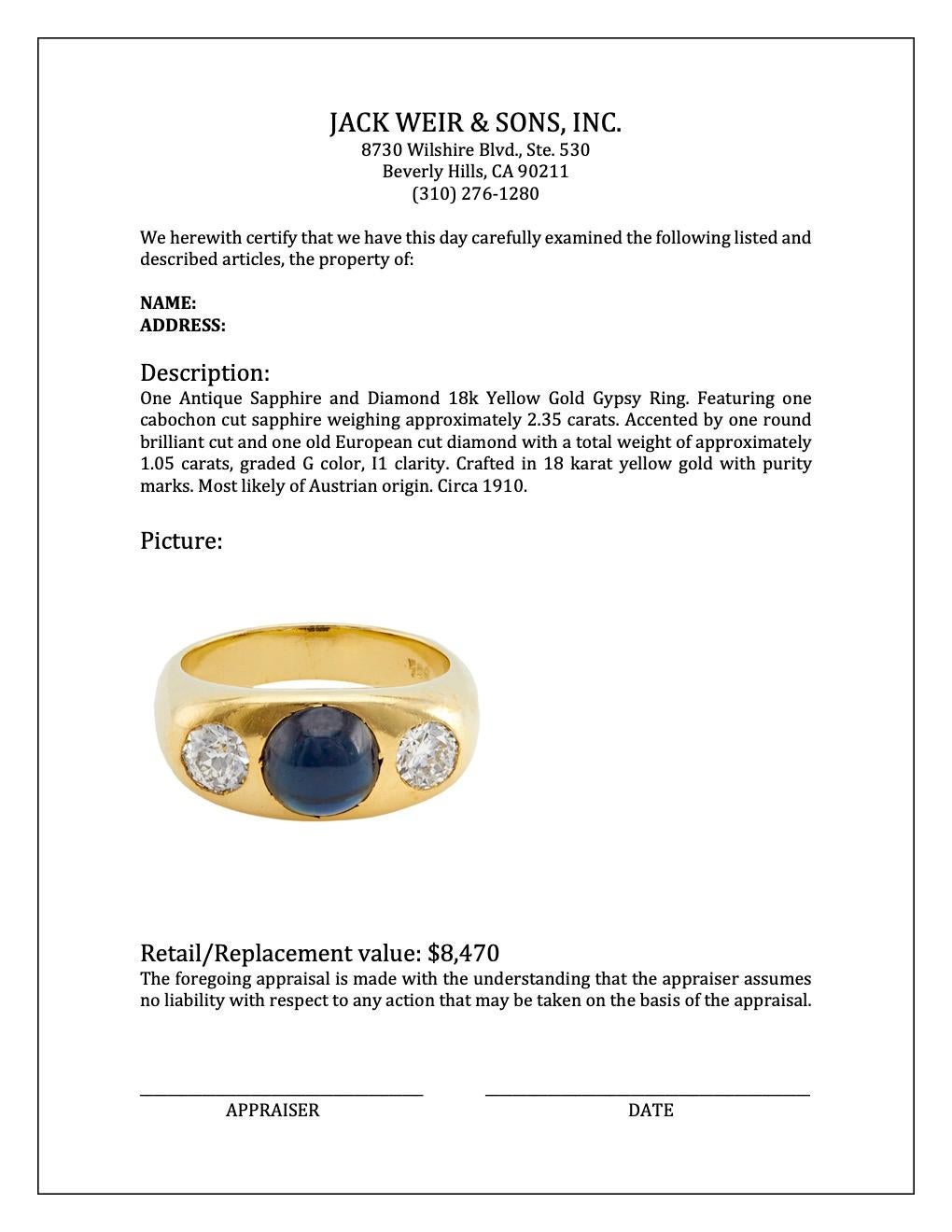 Anillo Gitano Antiguo Zafiro y Diamante Oro Amarillo 18k Cabujón