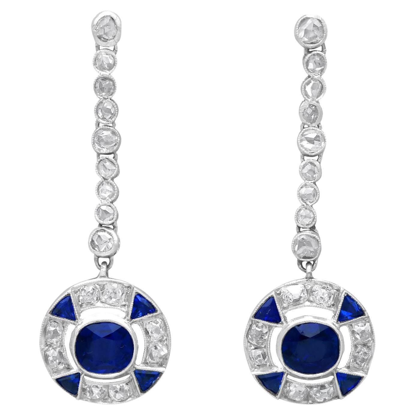 Antique Sapphire and Diamond and Platinum Drop Earrings, circa 1920