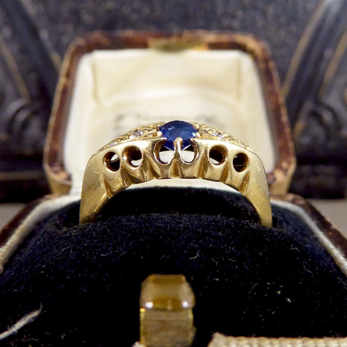 Antique Sapphire and Diamond Boat Ring in 18ct Yellow Gold 4