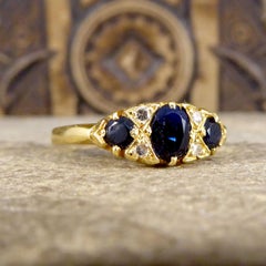 Antique Sapphire and Diamond Boat Ring in 18ct Yellow Gold