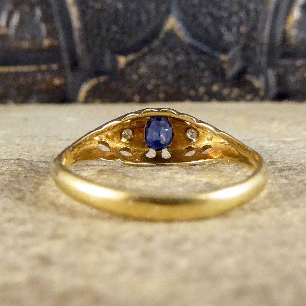 Oval Cut Antique Sapphire and Diamond Boat Ring in 18ct Yellow Gold