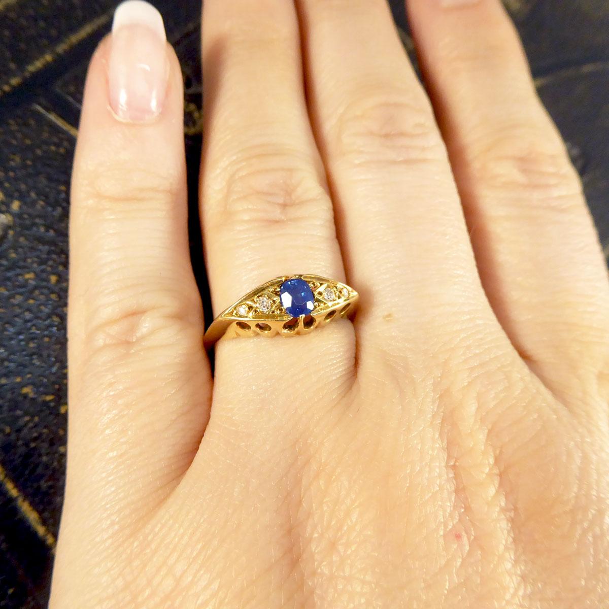 Antique Sapphire and Diamond Boat Ring in 18ct Yellow Gold 1
