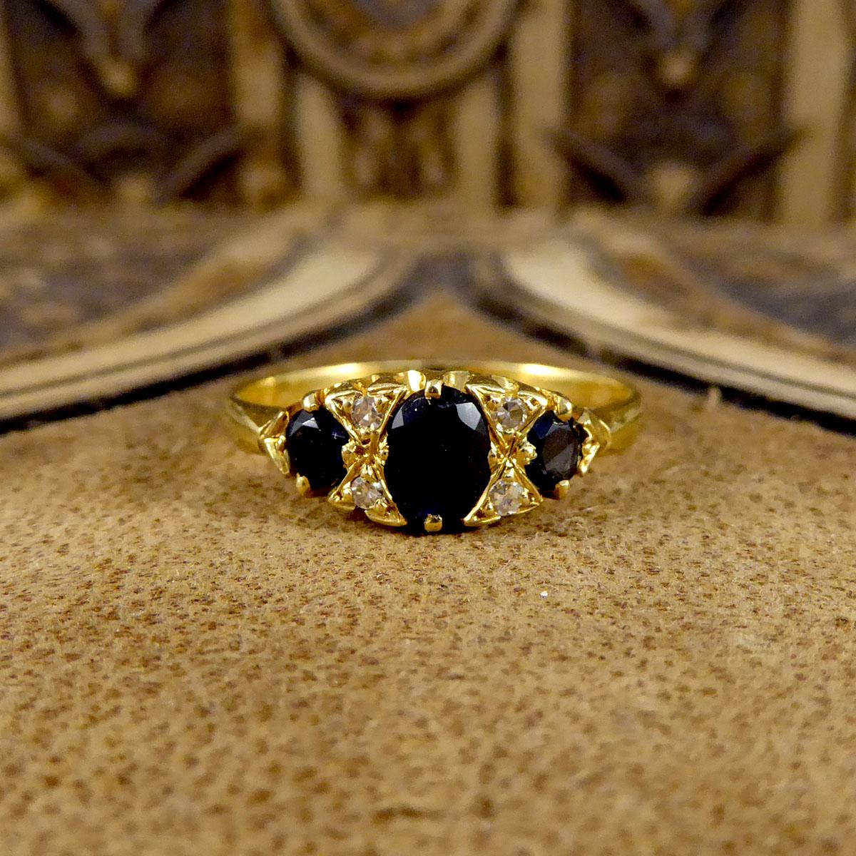 Women's or Men's Antique Sapphire and Diamond Boat Ring in 18ct Yellow Gold