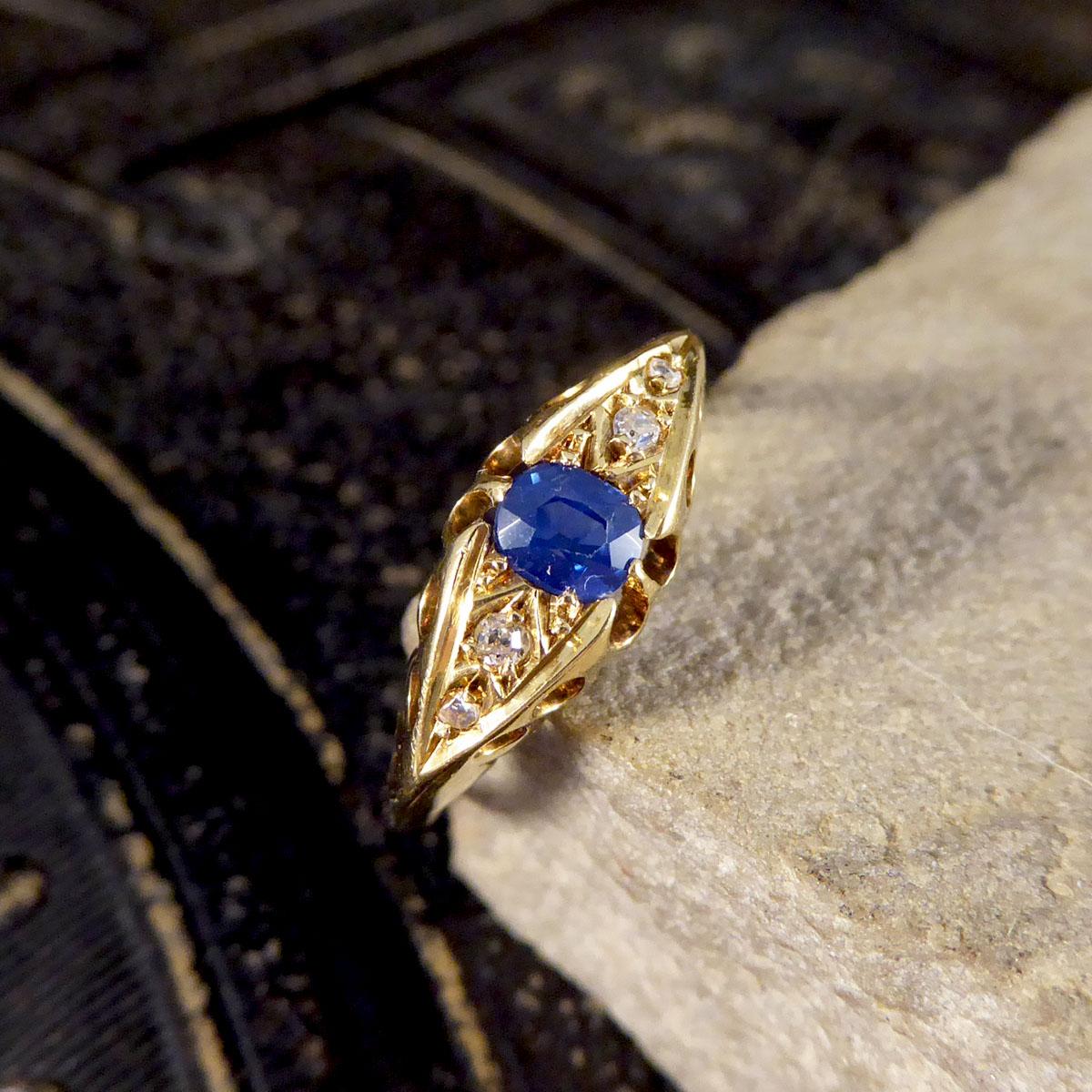 Antique Sapphire and Diamond Boat Ring in 18ct Yellow Gold 2