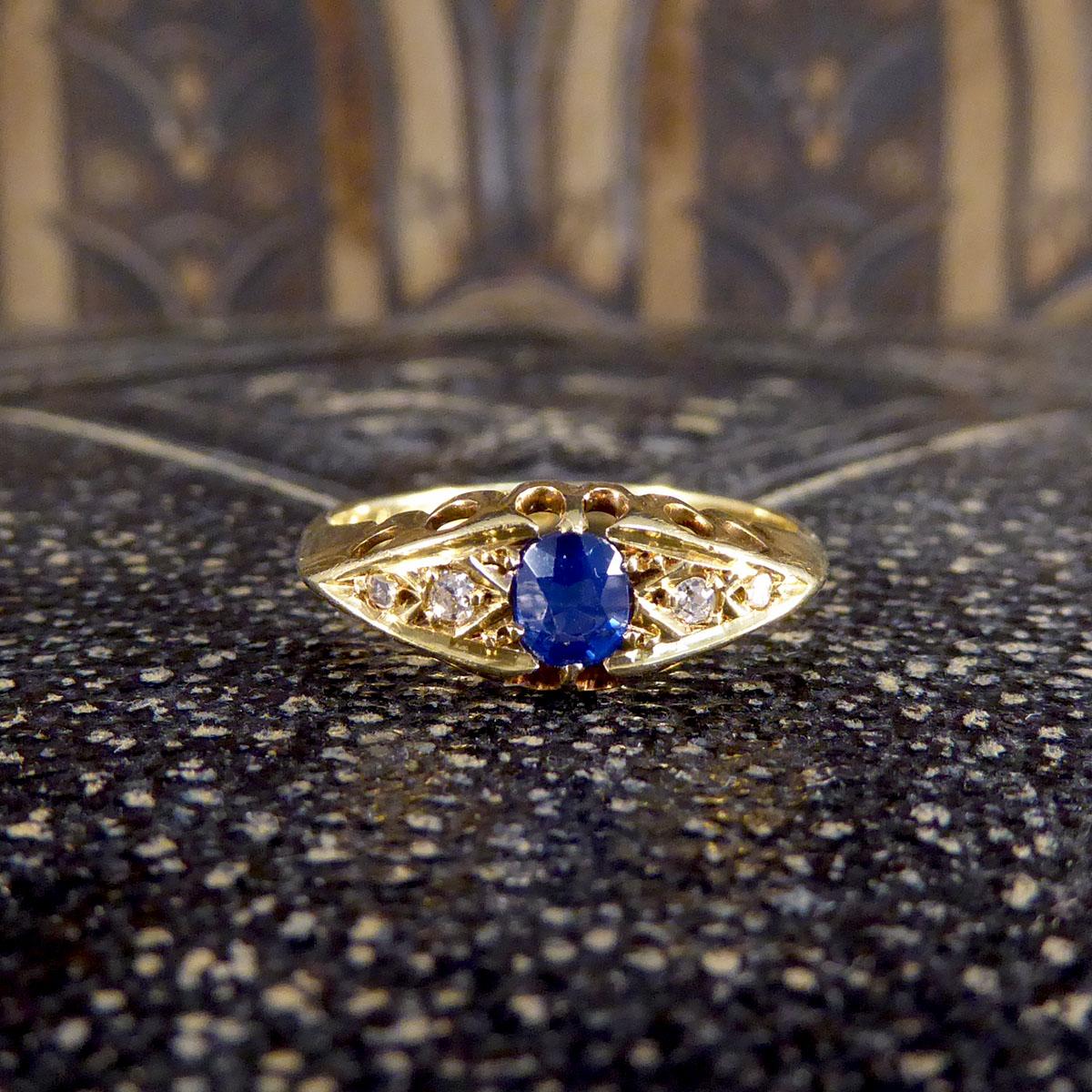 Antique Sapphire and Diamond Boat Ring in 18ct Yellow Gold 3