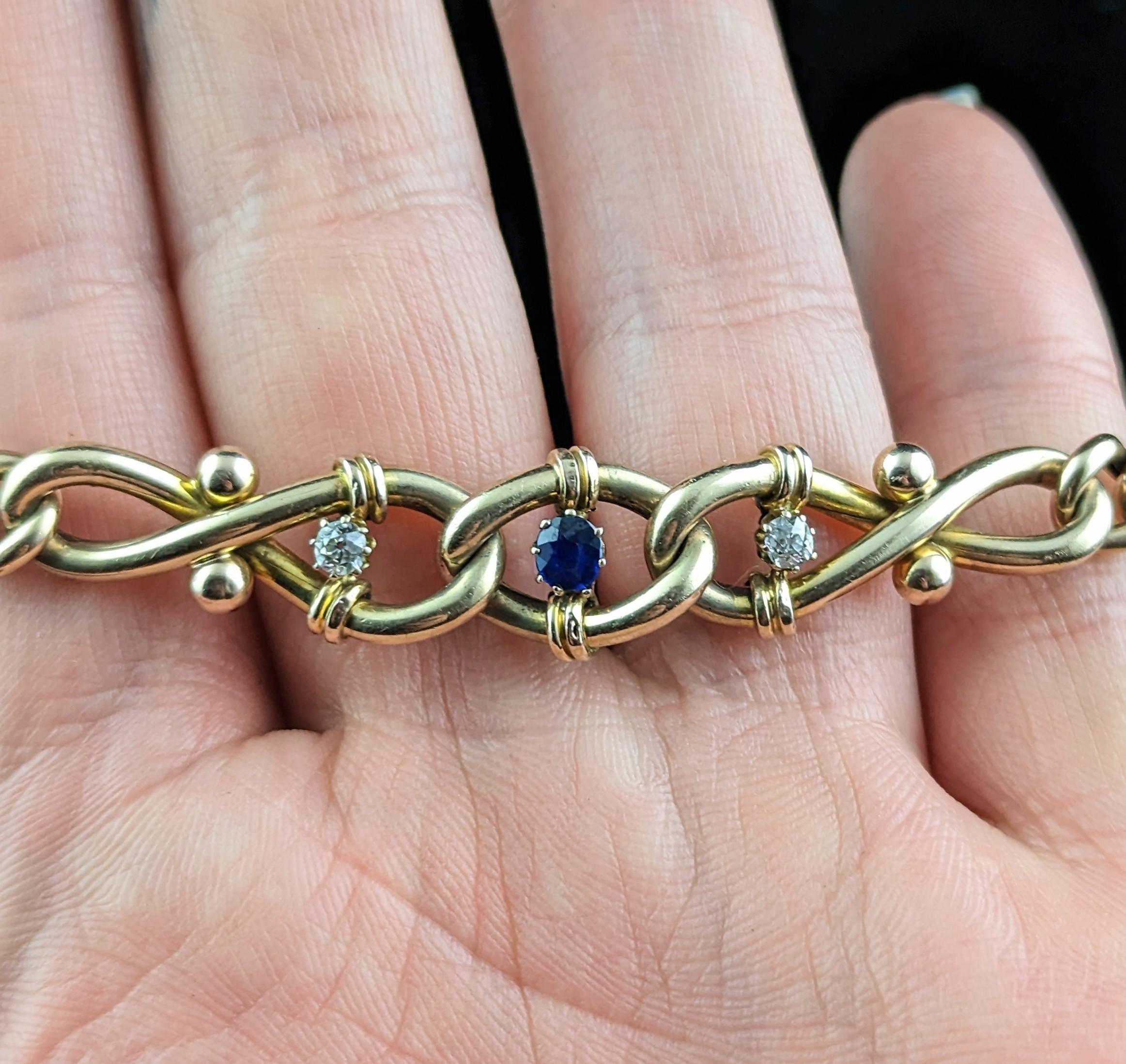Antique Sapphire and Diamond Bracelet, Curb Link, 15k Gold For Sale 4