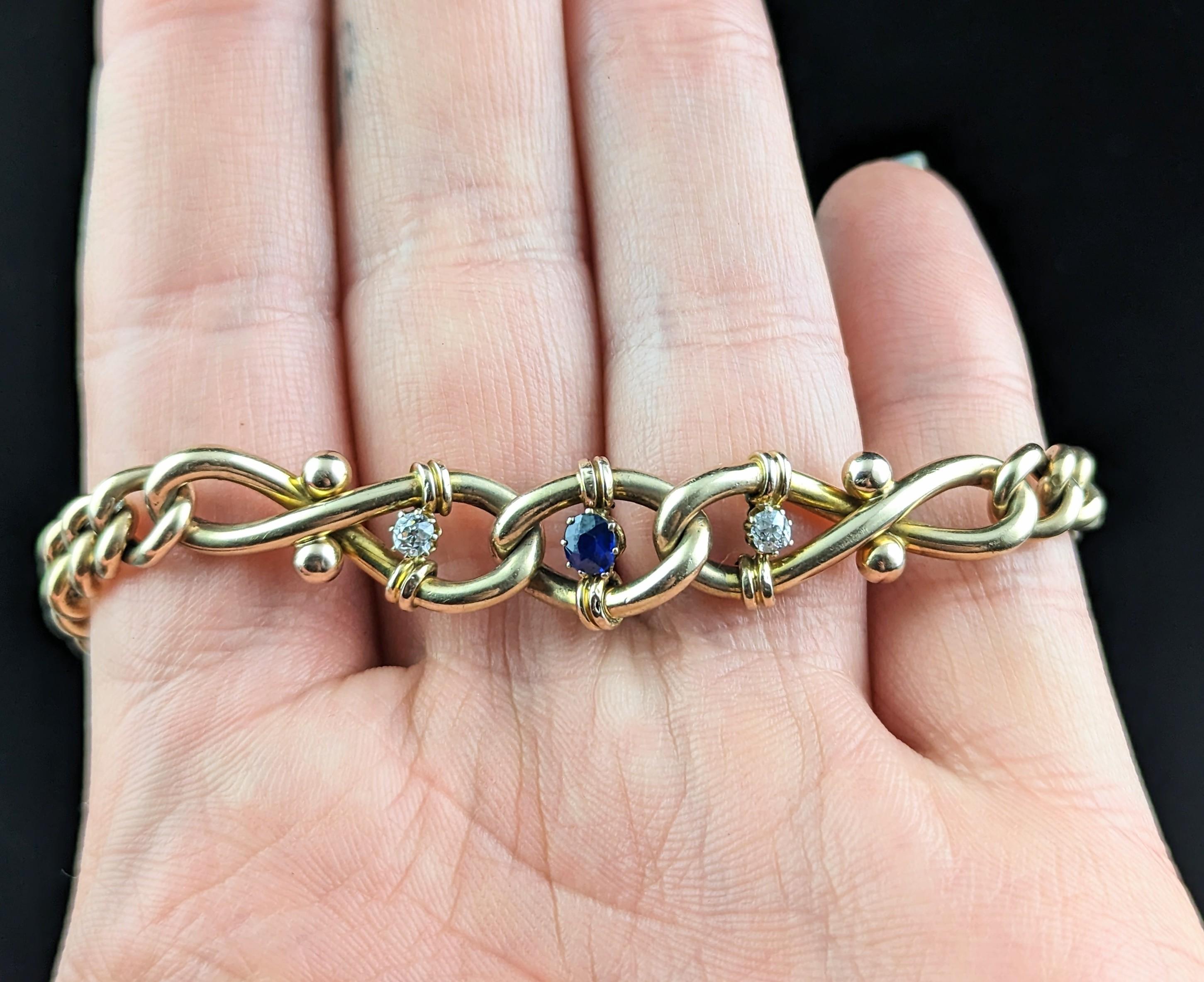 Antique Sapphire and Diamond Bracelet, Curb Link, 15k Gold For Sale 5
