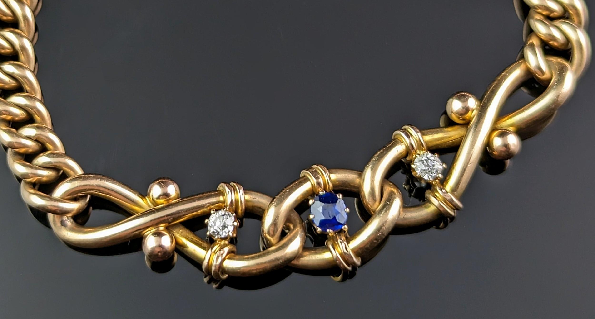 Antique Sapphire and Diamond Bracelet, Curb Link, 15k Gold For Sale 6