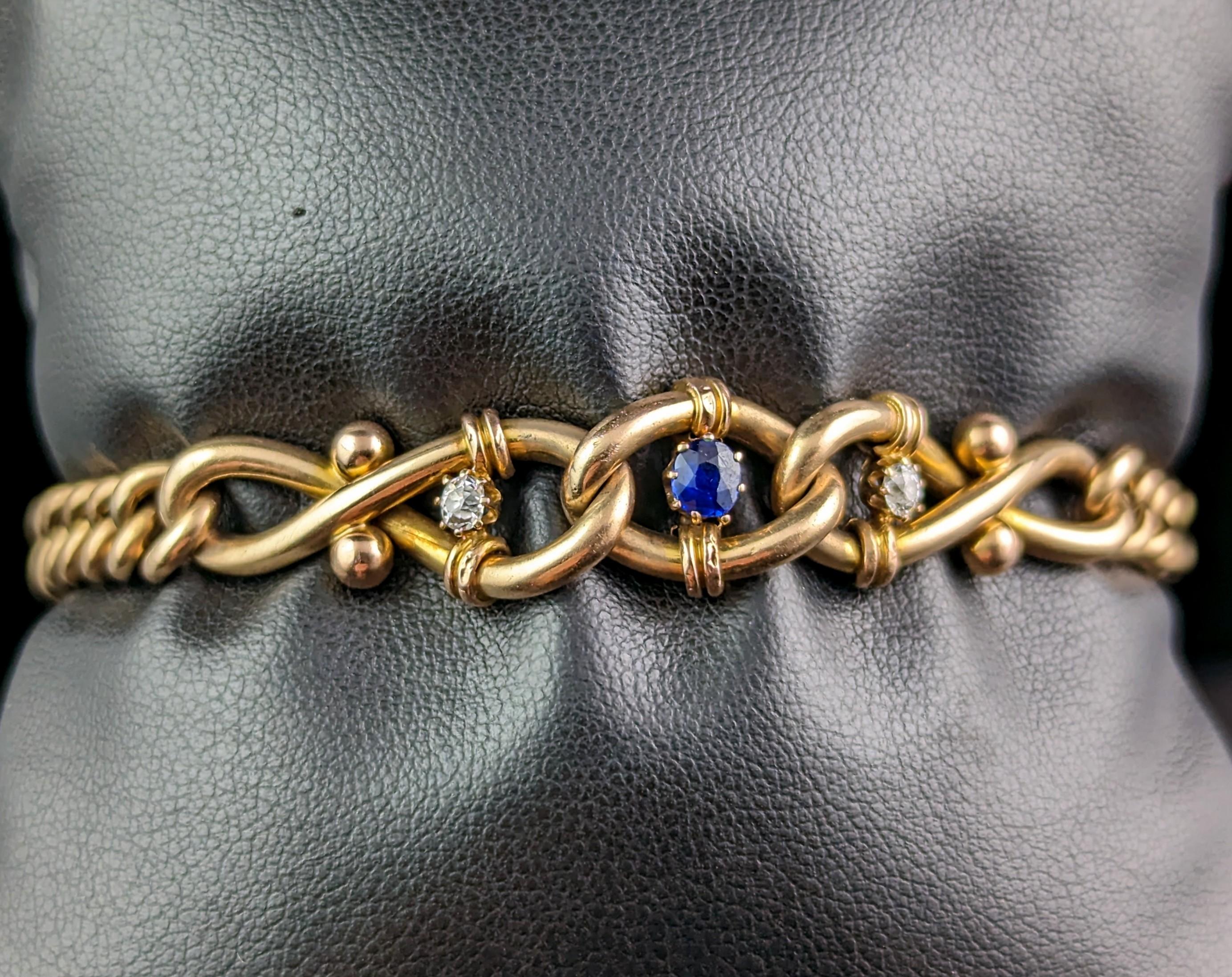 Antique Sapphire and Diamond Bracelet, Curb Link, 15k Gold For Sale 7