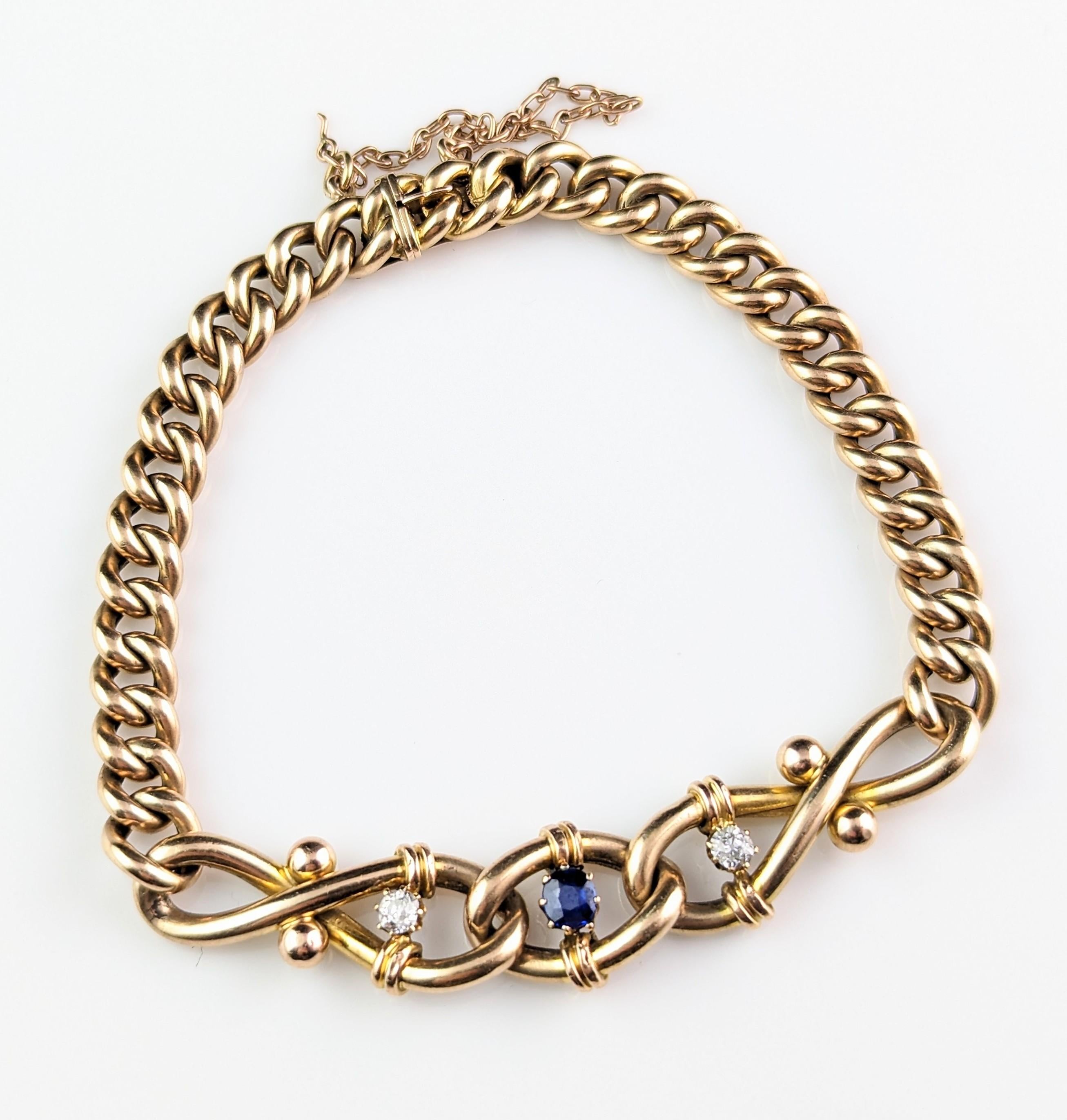 Antique Sapphire and Diamond Bracelet, Curb Link, 15k Gold For Sale 8