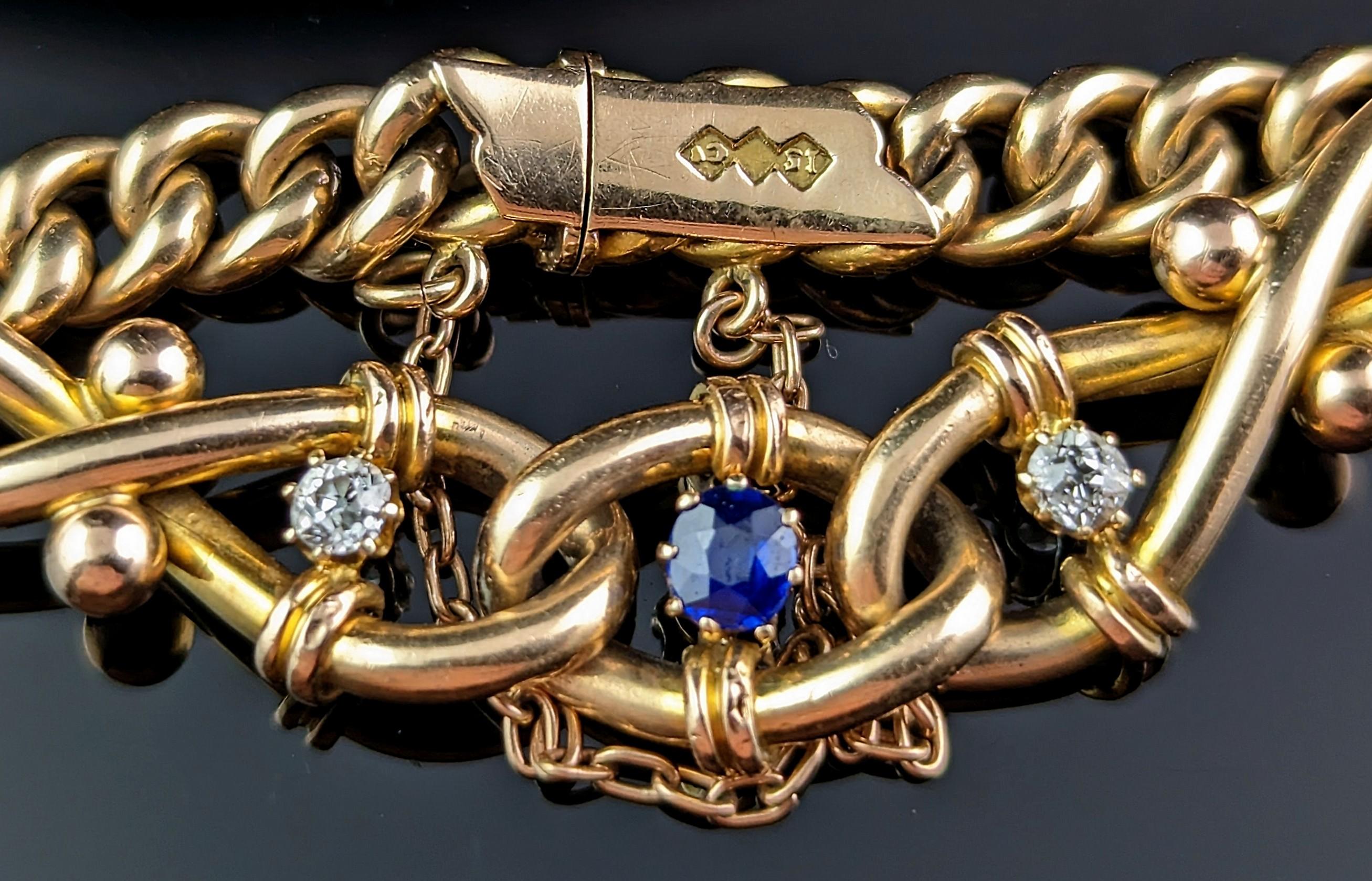 Art Nouveau Antique Sapphire and Diamond Bracelet, Curb Link, 15k Gold For Sale