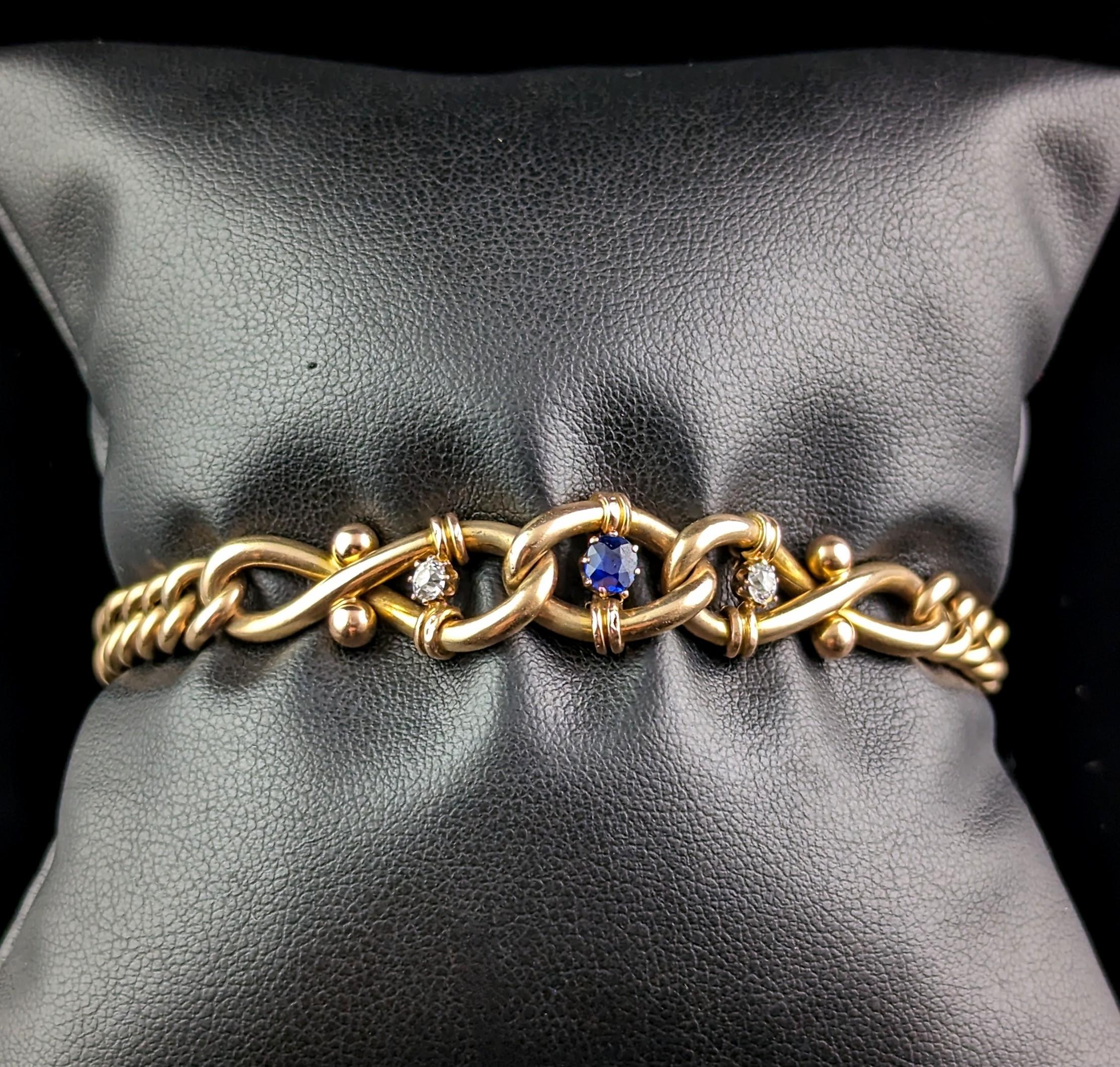 Old Mine Cut Antique Sapphire and Diamond Bracelet, Curb Link, 15k Gold For Sale