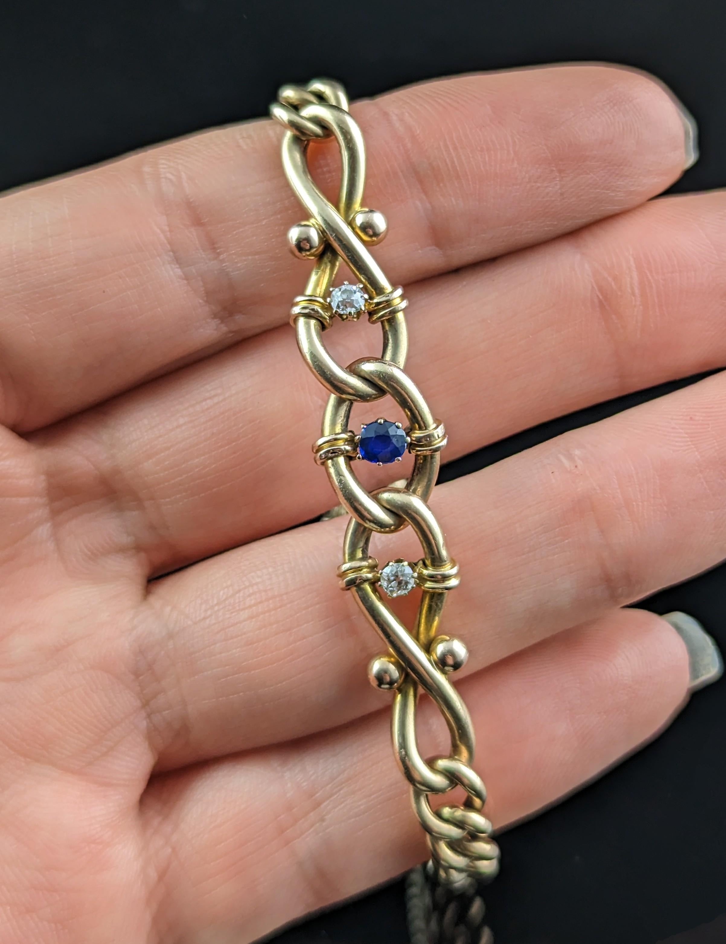 Antique Sapphire and Diamond Bracelet, Curb Link, 15k Gold In Good Condition For Sale In NEWARK, GB
