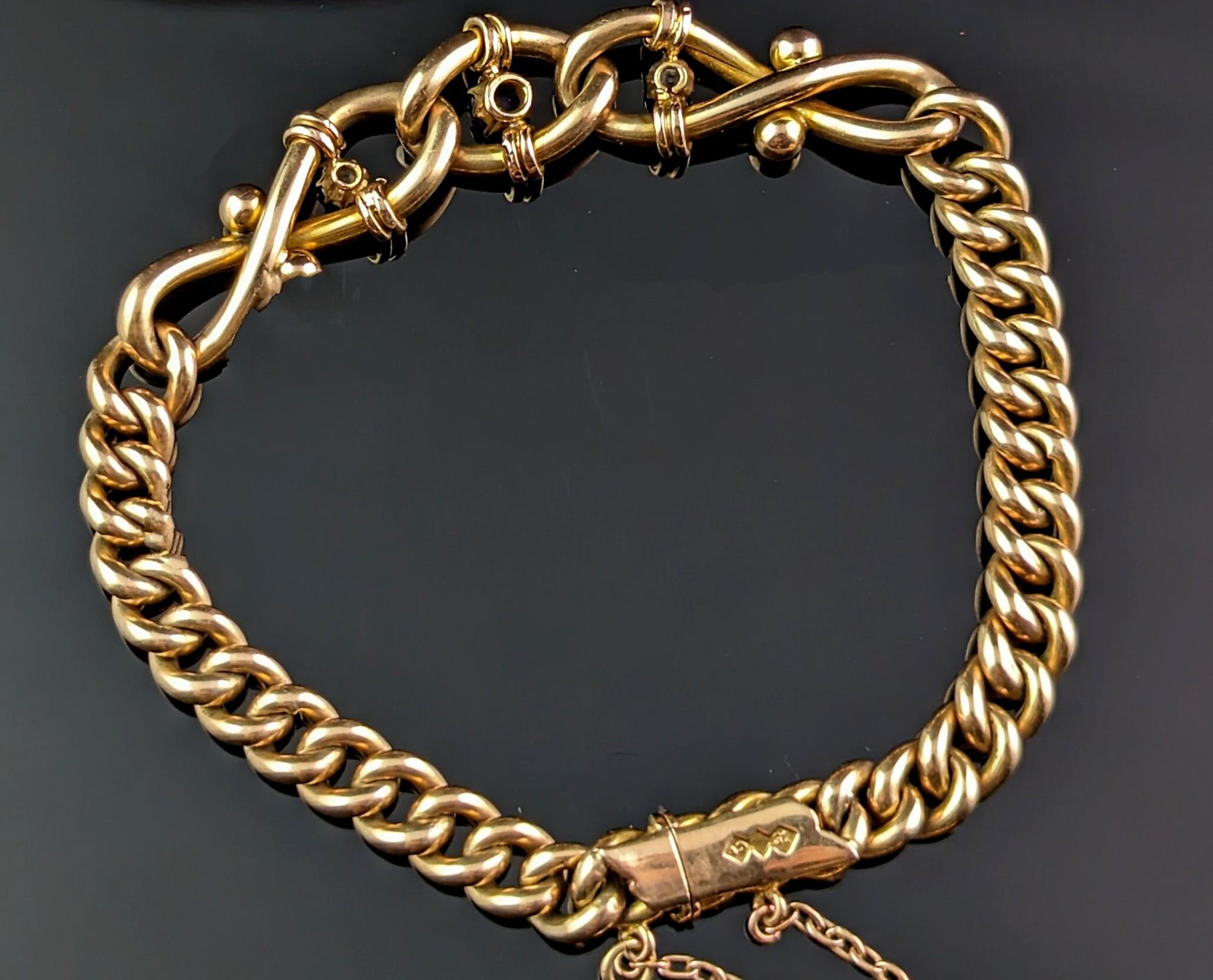Women's Antique Sapphire and Diamond Bracelet, Curb Link, 15k Gold For Sale
